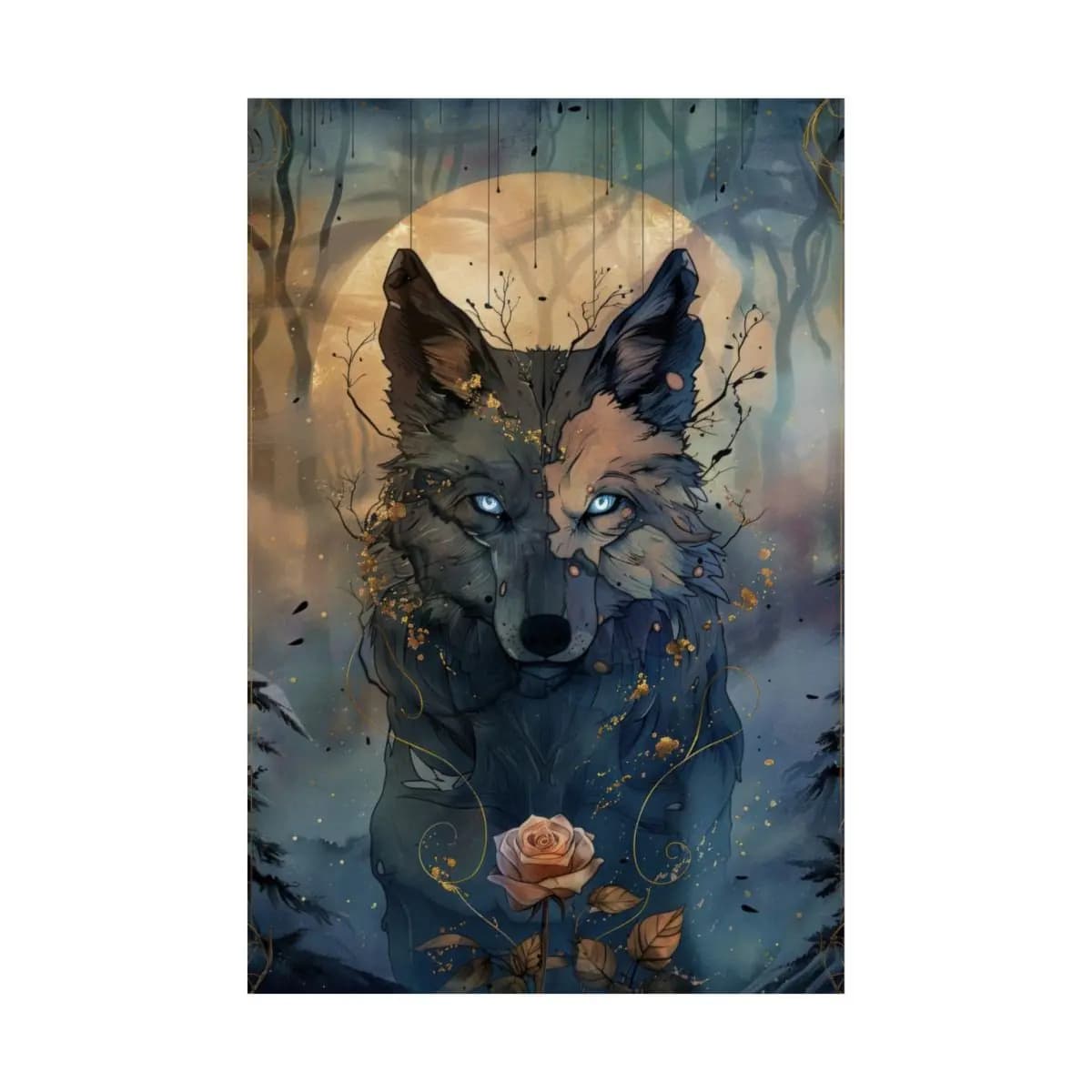 Mystical Blue-Eyed Wolf Beneath the Golden Moon - Matte Vertical Posters mockup angle 2