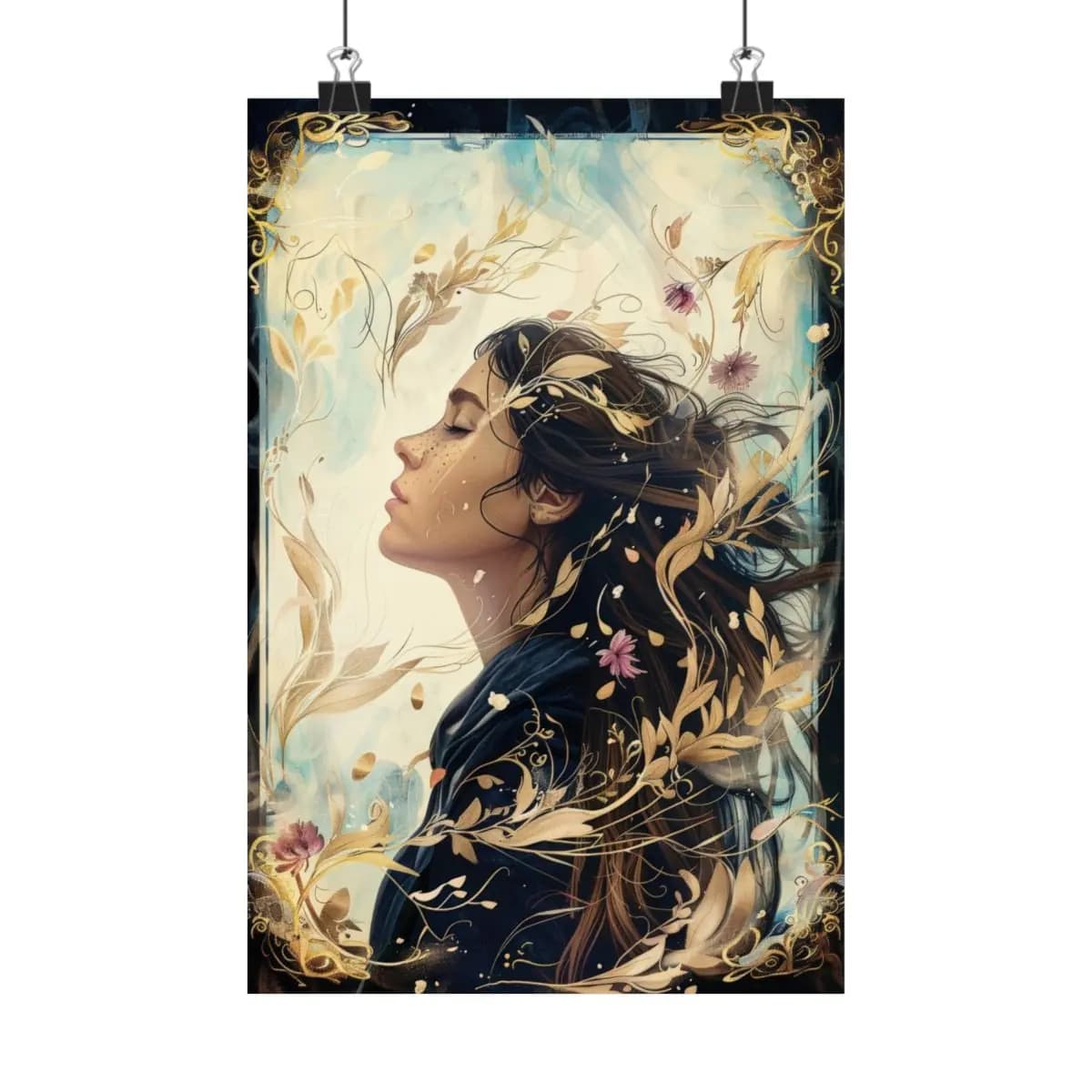 Eyes Closed Woman Adrift in Golden Leaves - Matte Vertical Posters mockup angle 1