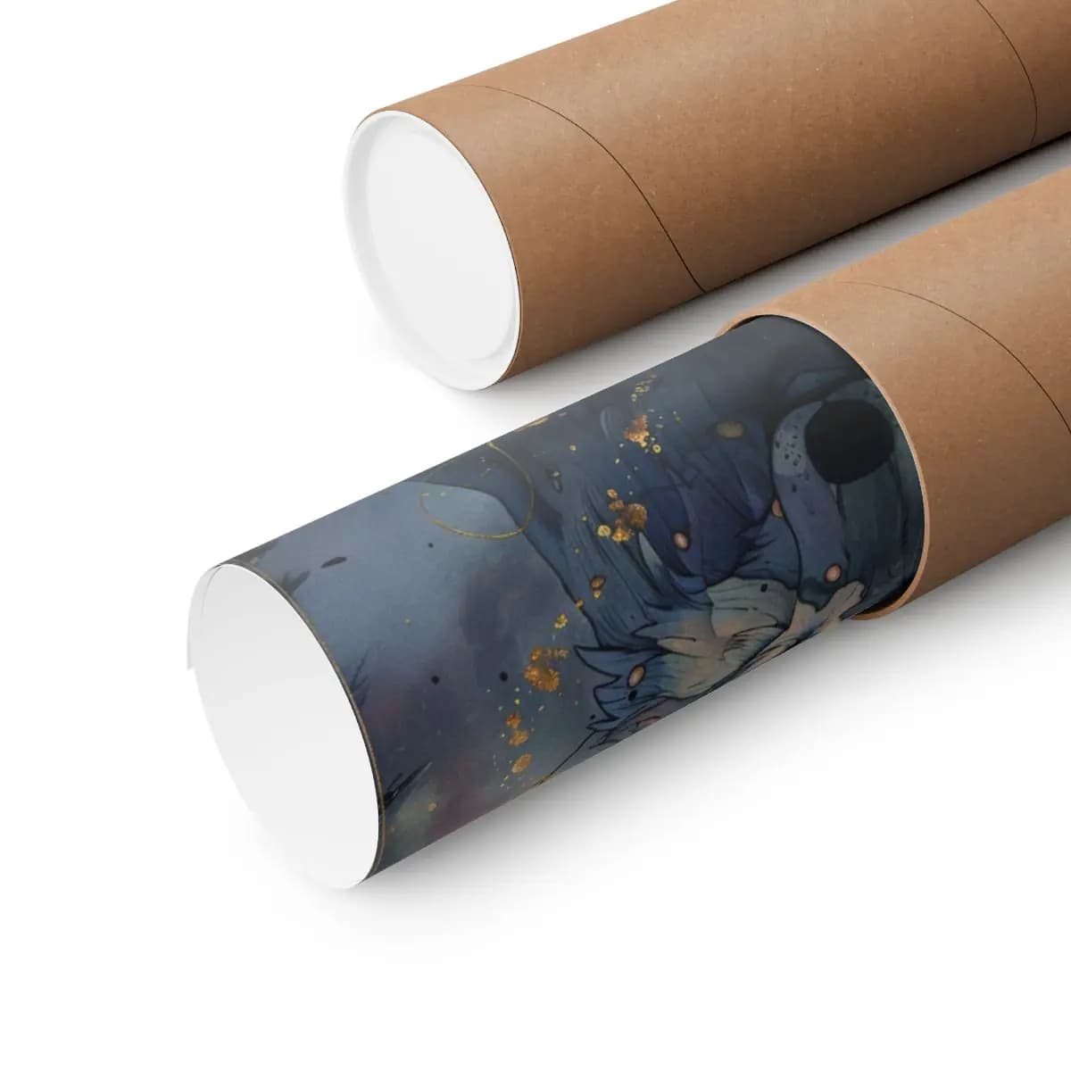 Mystical Blue-Eyed Wolf Beneath the Golden Moon - Matte Vertical Posters mockup angle 3