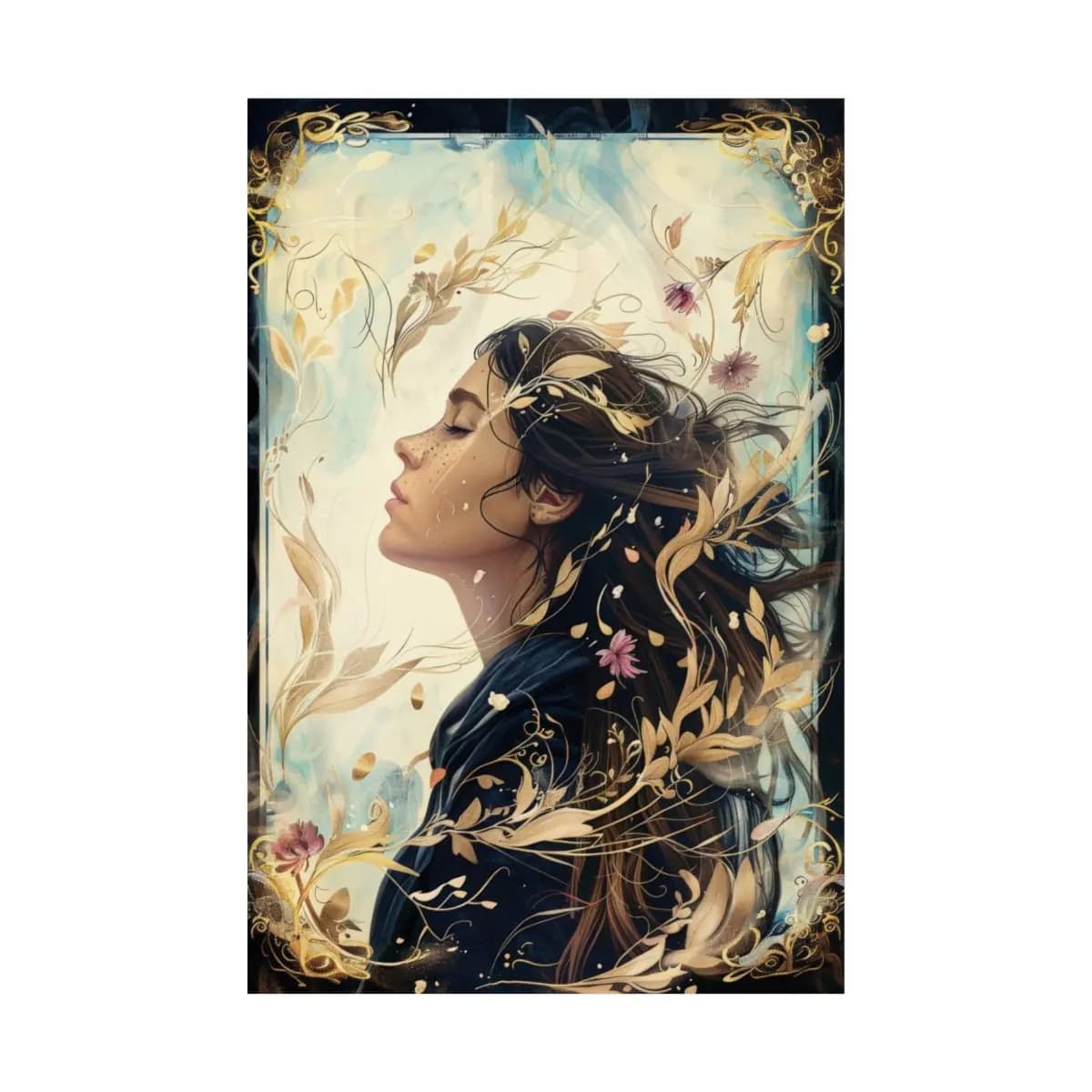 Eyes Closed Woman Adrift in Golden Leaves - Matte Vertical Posters mockup angle 2