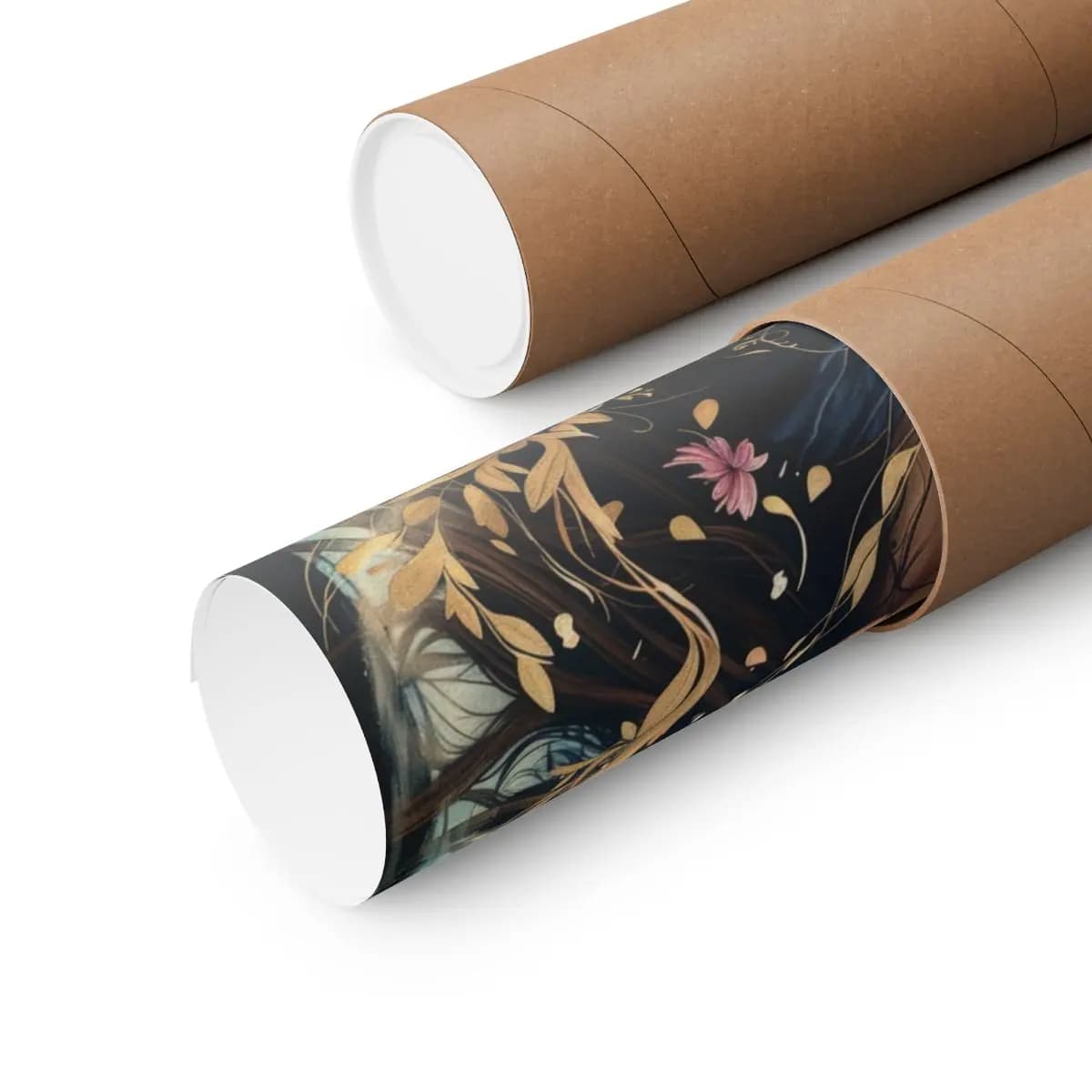 Eyes Closed Woman Adrift in Golden Leaves - Matte Vertical Posters mockup angle 3