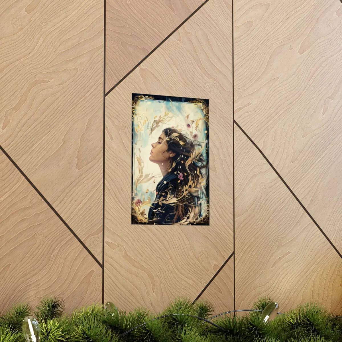 Eyes Closed Woman Adrift in Golden Leaves - Matte Vertical Posters mockup angle 5