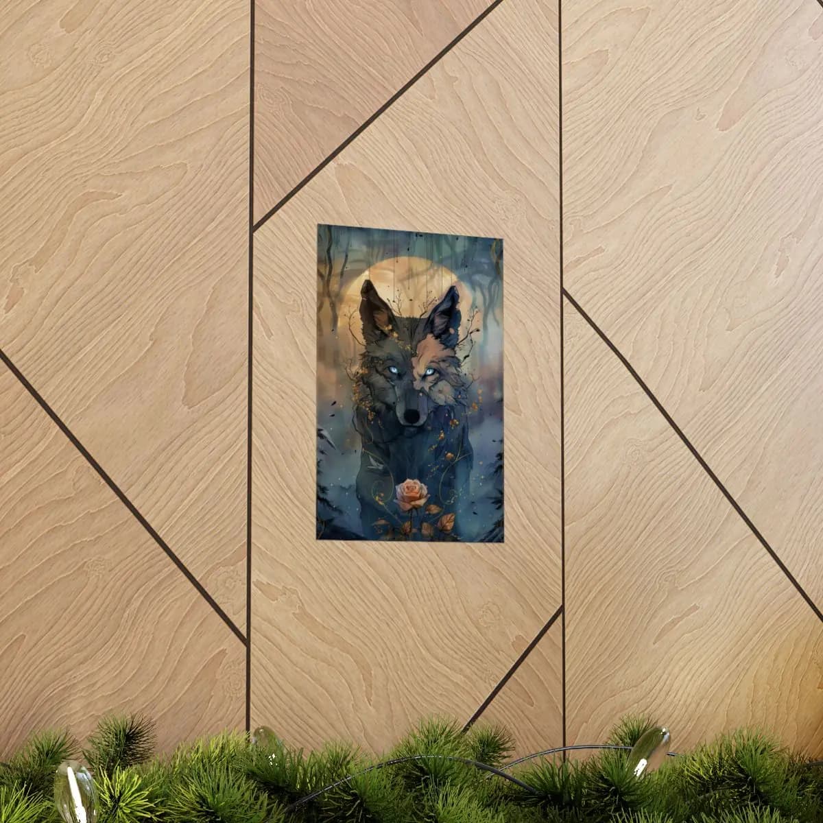 Mystical Blue-Eyed Wolf Beneath the Golden Moon - Matte Vertical Posters mockup angle 5