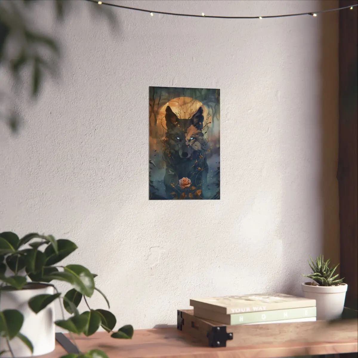 Mystical Blue-Eyed Wolf Beneath the Golden Moon - Matte Vertical Posters mockup angle 6