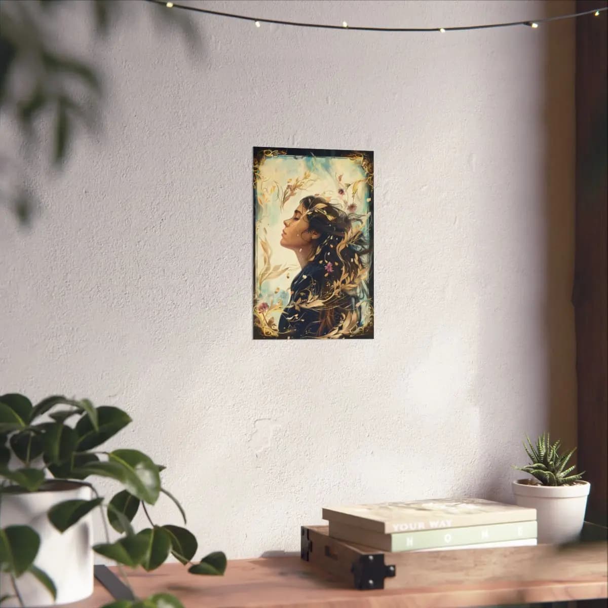 Eyes Closed Woman Adrift in Golden Leaves - Matte Vertical Posters mockup angle 6