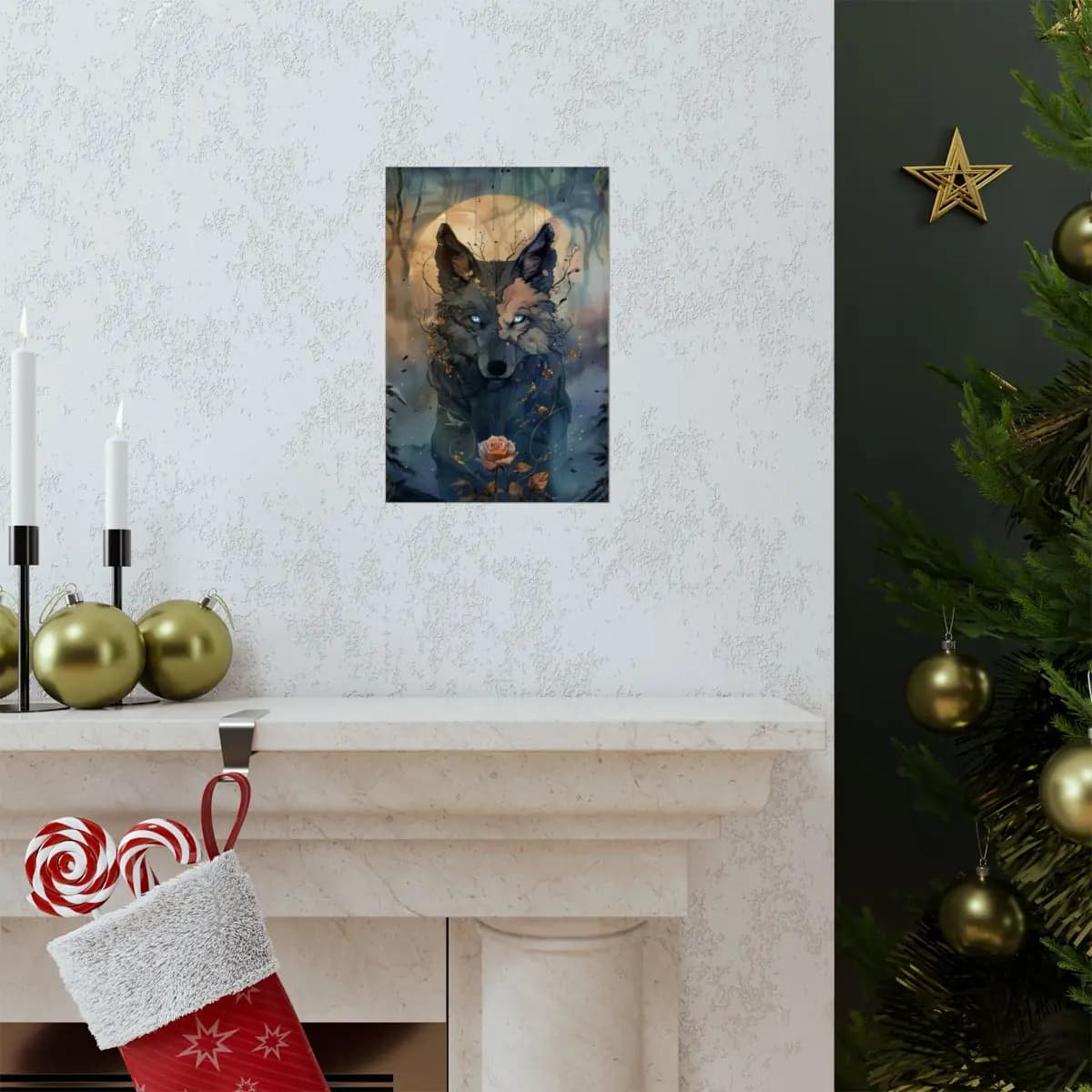 Mystical Blue-Eyed Wolf Beneath the Golden Moon - Matte Vertical Posters mockup angle 7