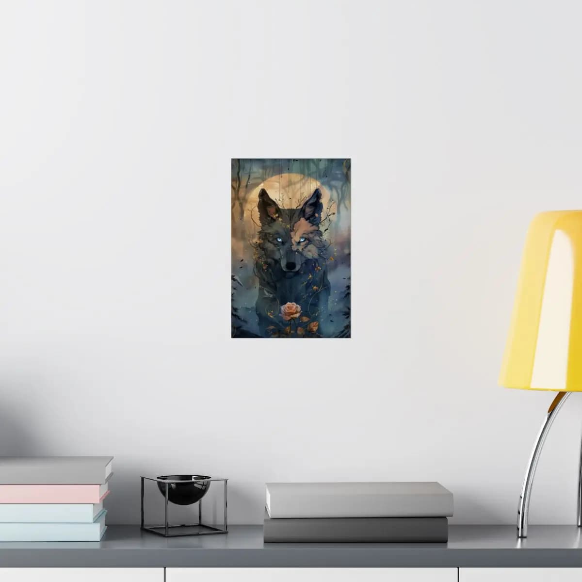 Mystical Blue-Eyed Wolf Beneath the Golden Moon - Matte Vertical Posters mockup angle 8
