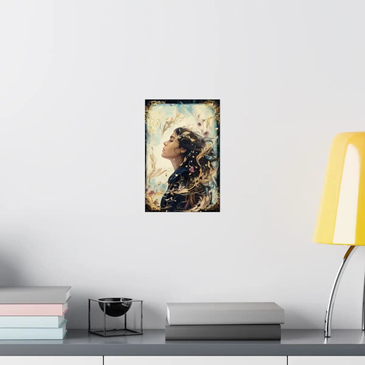 Eyes Closed Woman Adrift in Golden Leaves - Matte Vertical Posters mockup angle 8