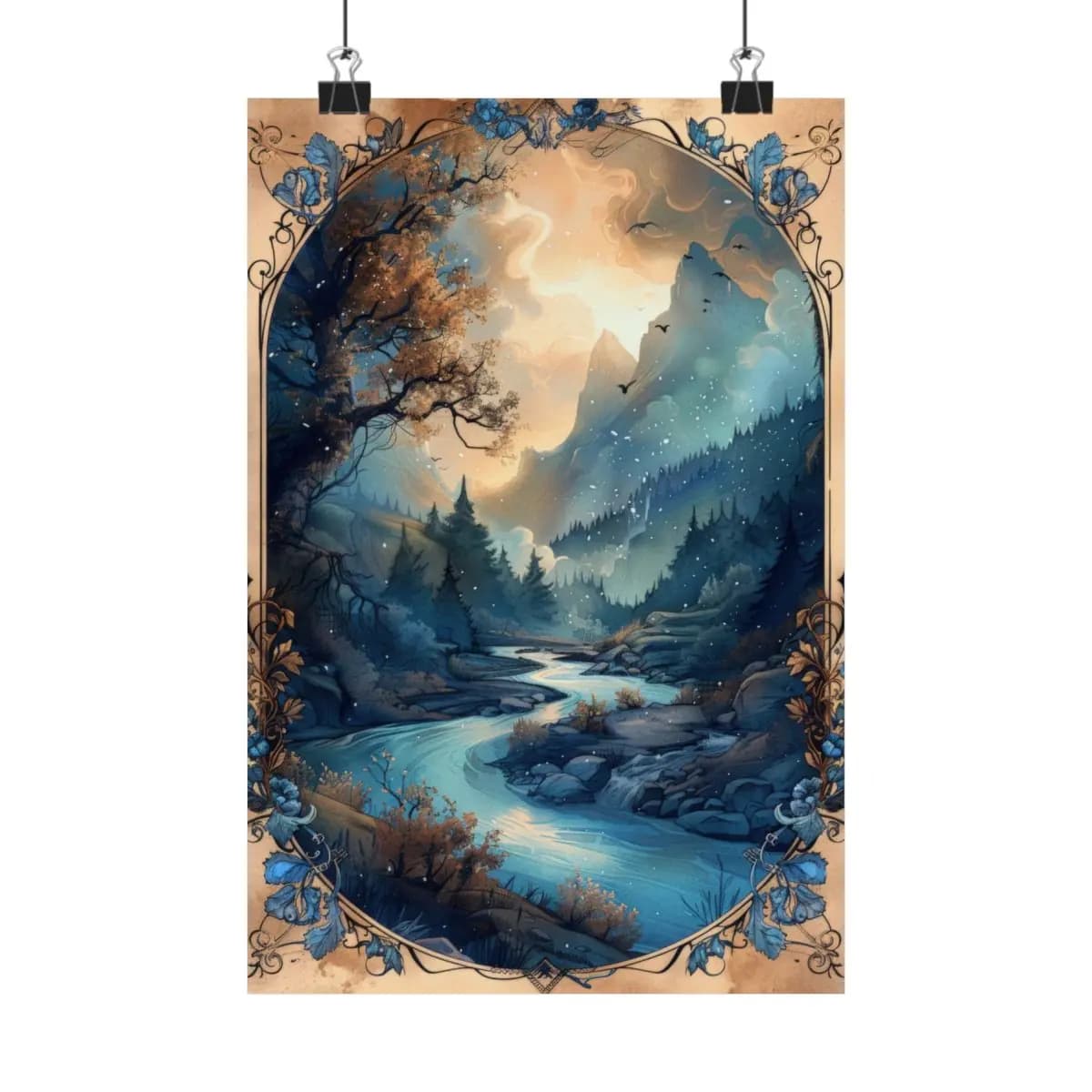Mystic River Through Snow-Dusted Mountain Peaks - Matte Vertical Posters mockup angle 1