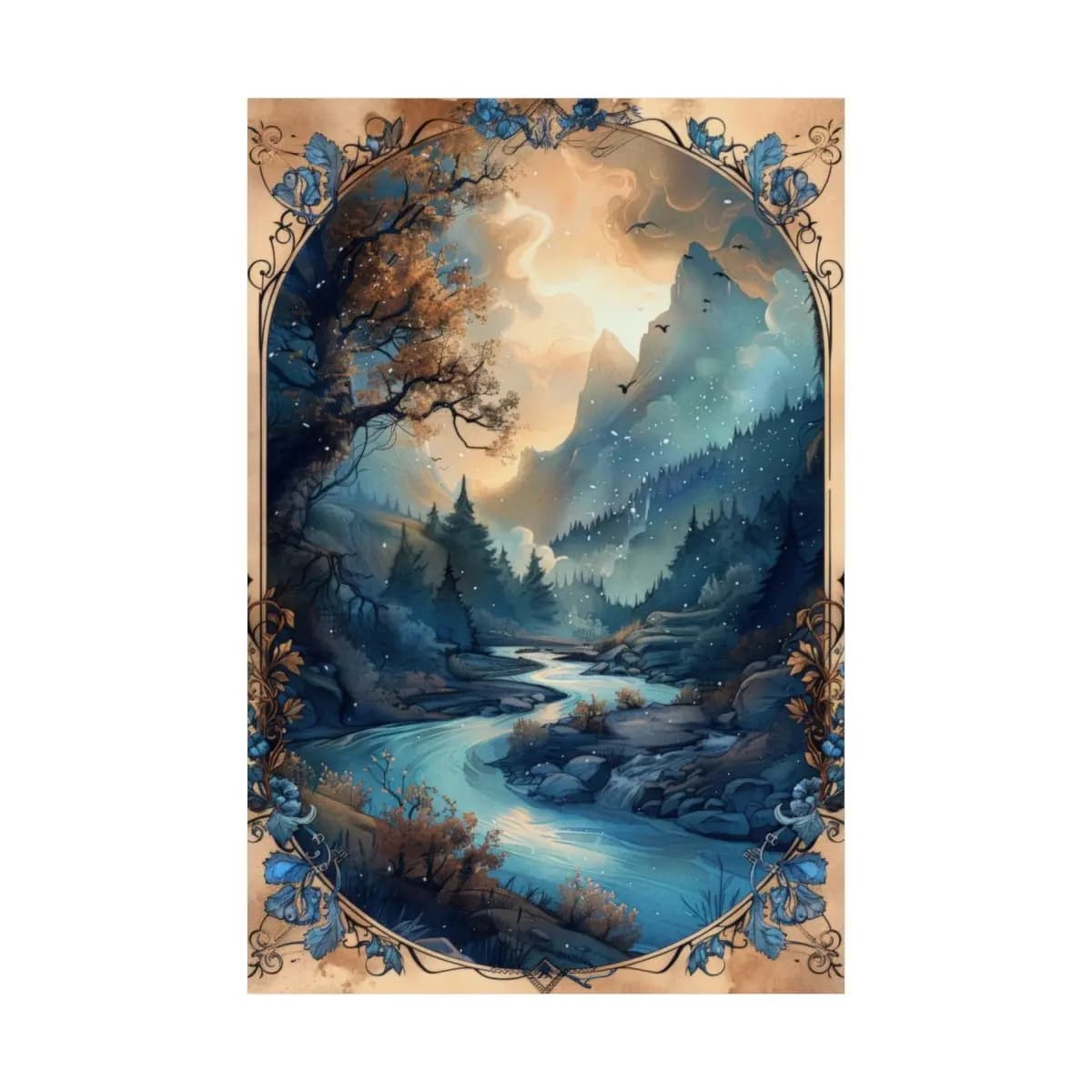 Mystic River Through Snow-Dusted Mountain Peaks - Matte Vertical Posters mockup angle 2