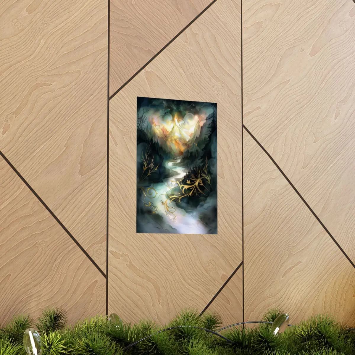 Enchanted River Toward the Glowing Peaks - Matte Vertical Posters mockup angle 5