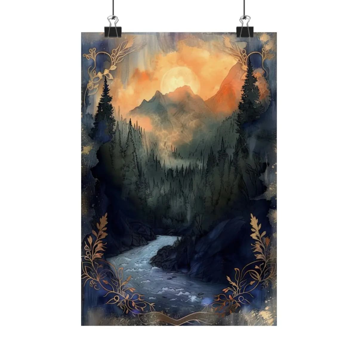 Amber Moon Over the Mountain River - Matte Vertical Posters mockup angle 1
