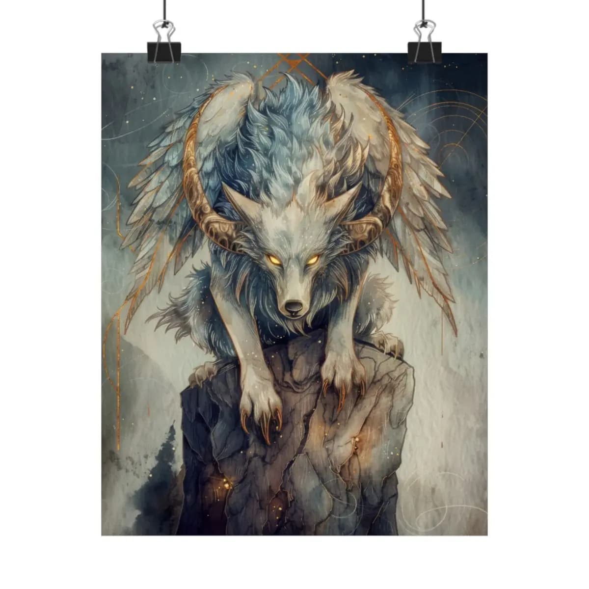 The Golden-Eyed Winged Wolf Guardian - Matte Vertical Posters mockup angle 1