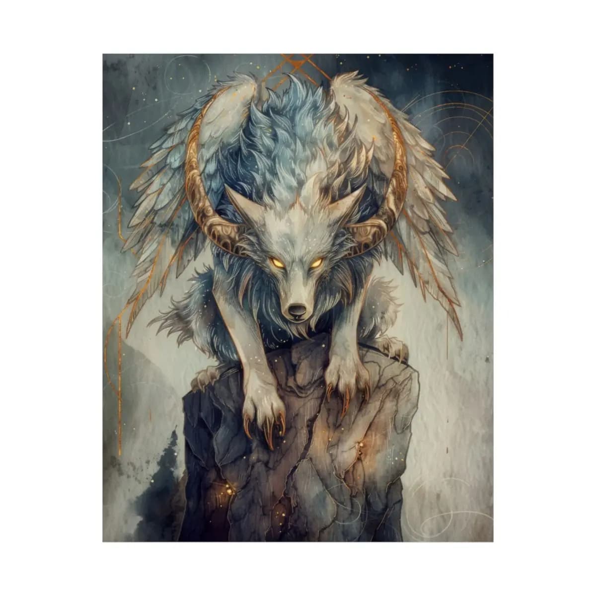 The Golden-Eyed Winged Wolf Guardian - Matte Vertical Posters mockup angle 2