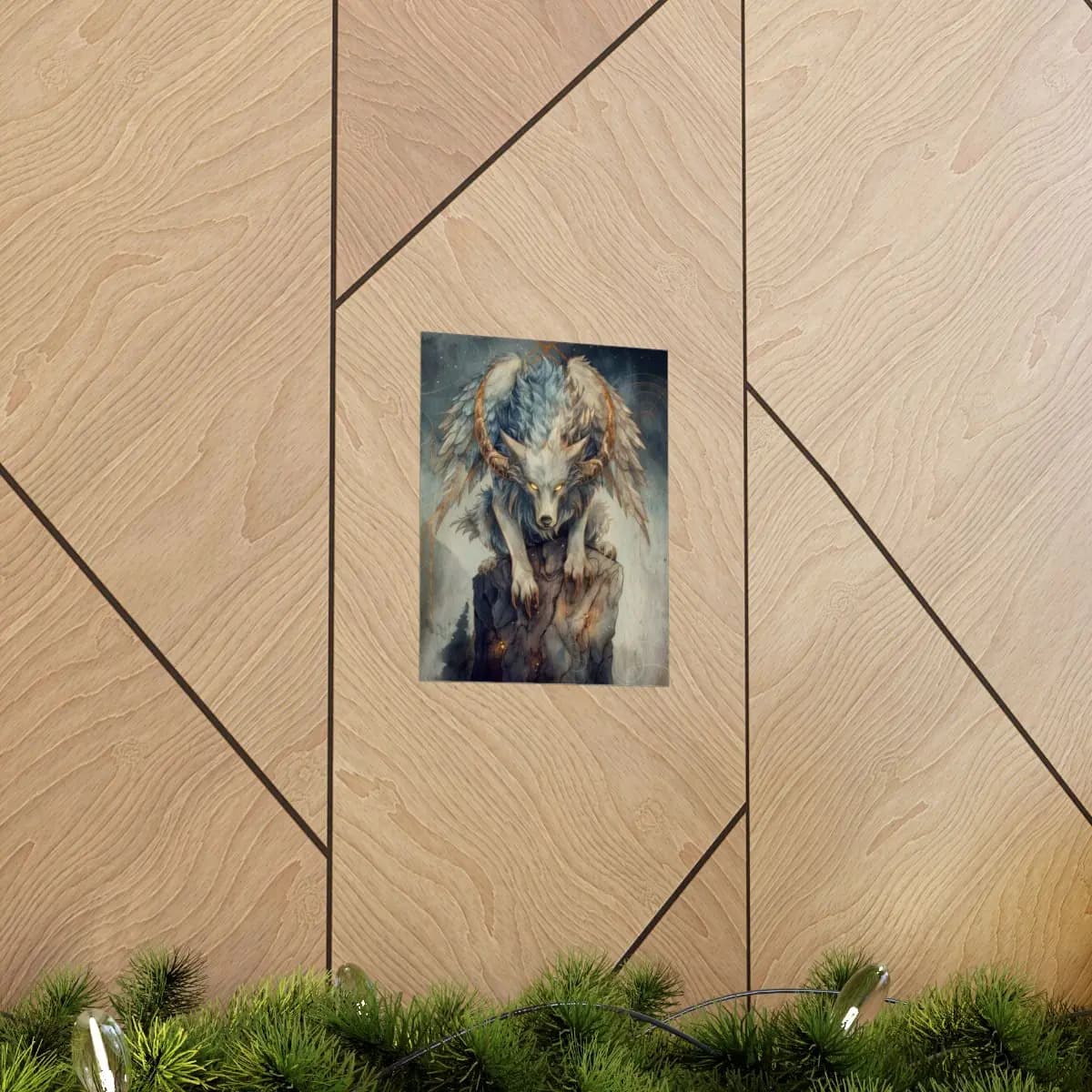 The Golden-Eyed Winged Wolf Guardian - Matte Vertical Posters mockup angle 5