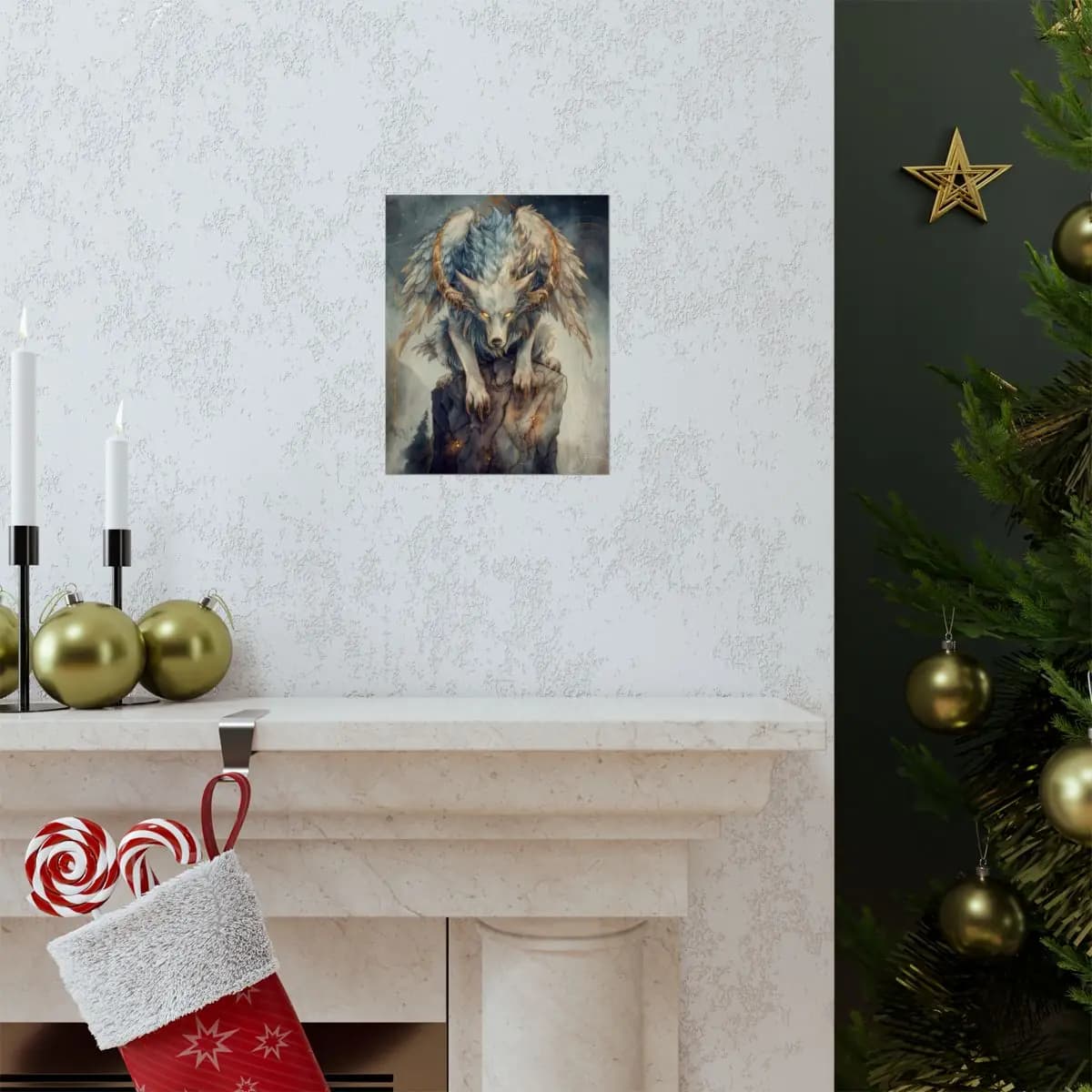 The Golden-Eyed Winged Wolf Guardian - Matte Vertical Posters mockup angle 7