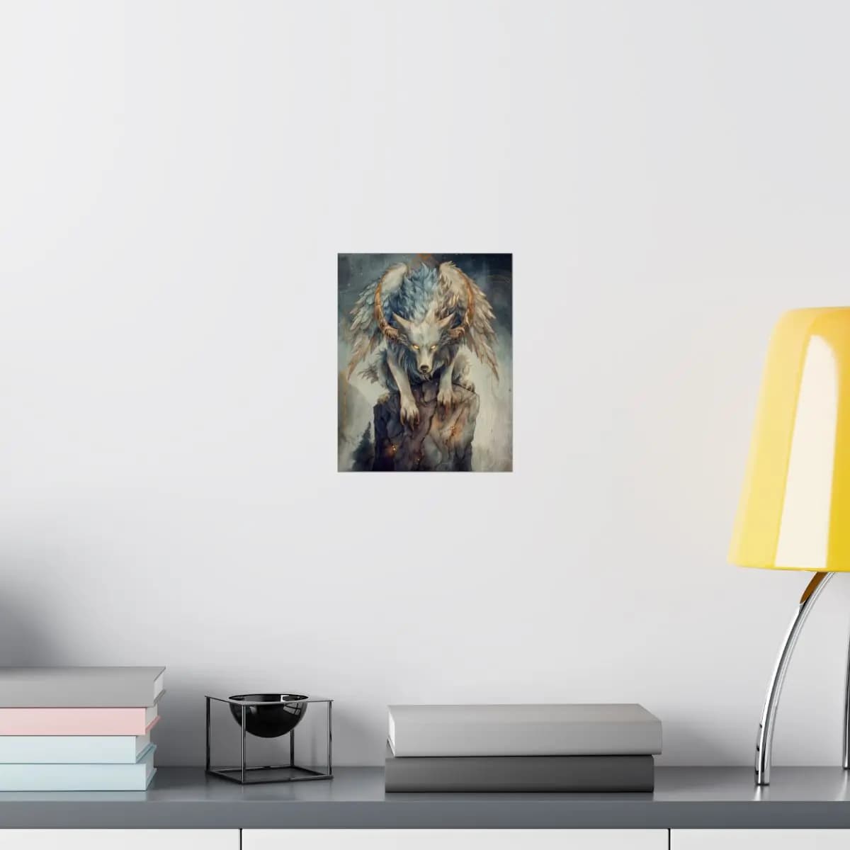 The Golden-Eyed Winged Wolf Guardian - Matte Vertical Posters mockup angle 8