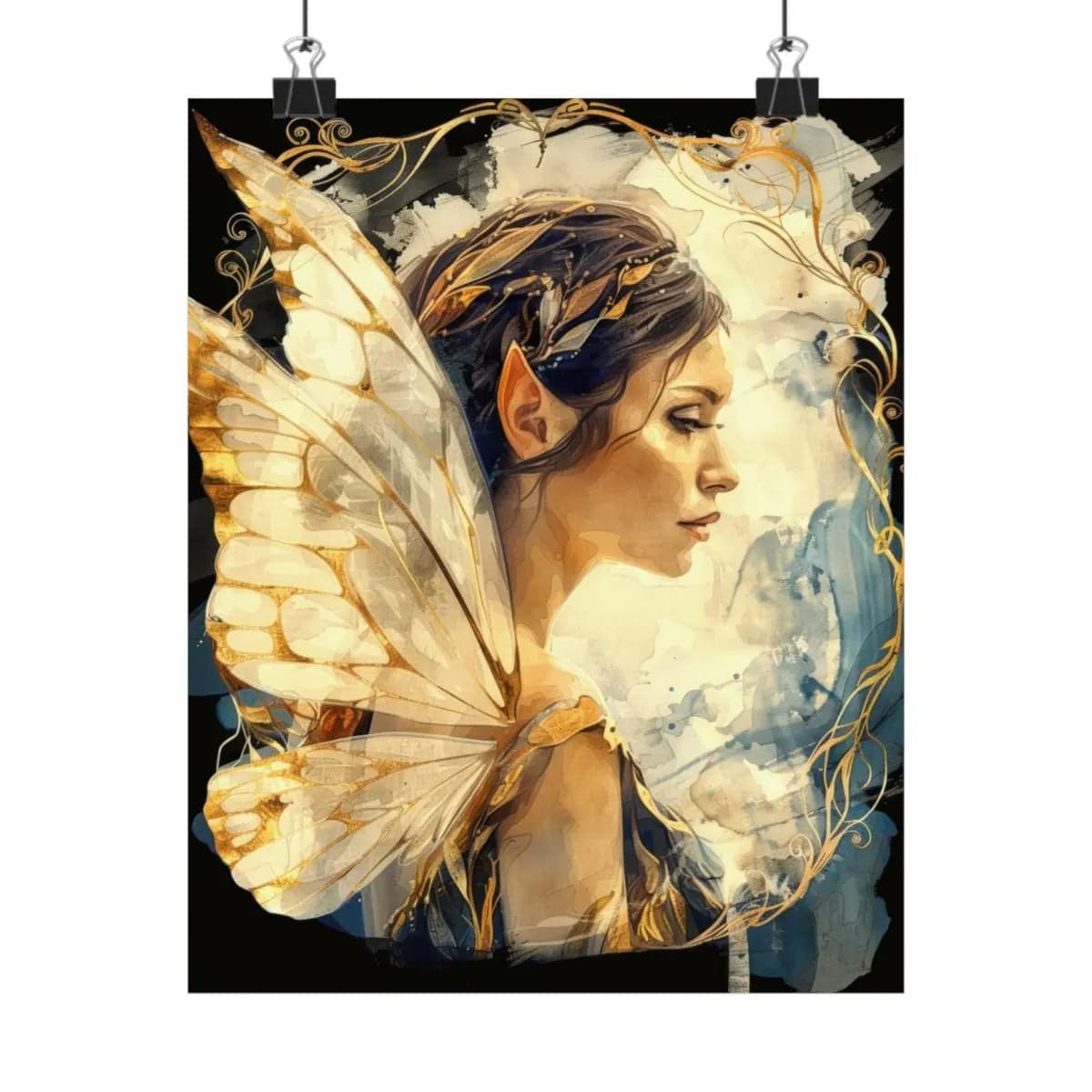 Golden-Winged Fairy in Pensive Profile - Matte Vertical Posters mockup angle 1