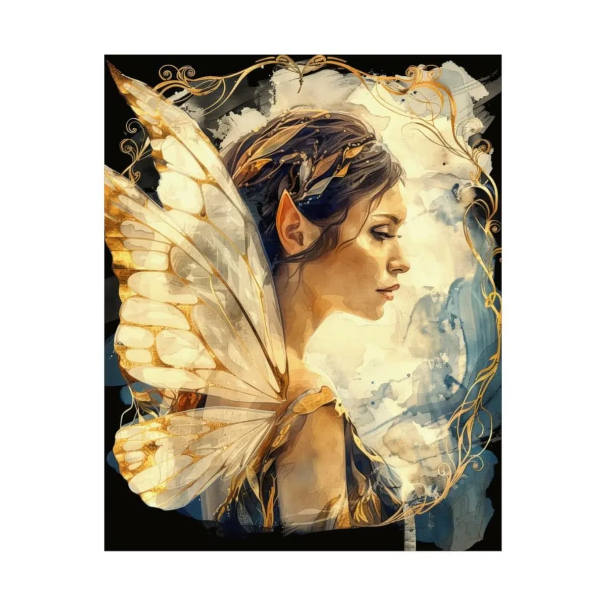 Golden-Winged Fairy in Pensive Profile - Matte Vertical Posters mockup angle 2