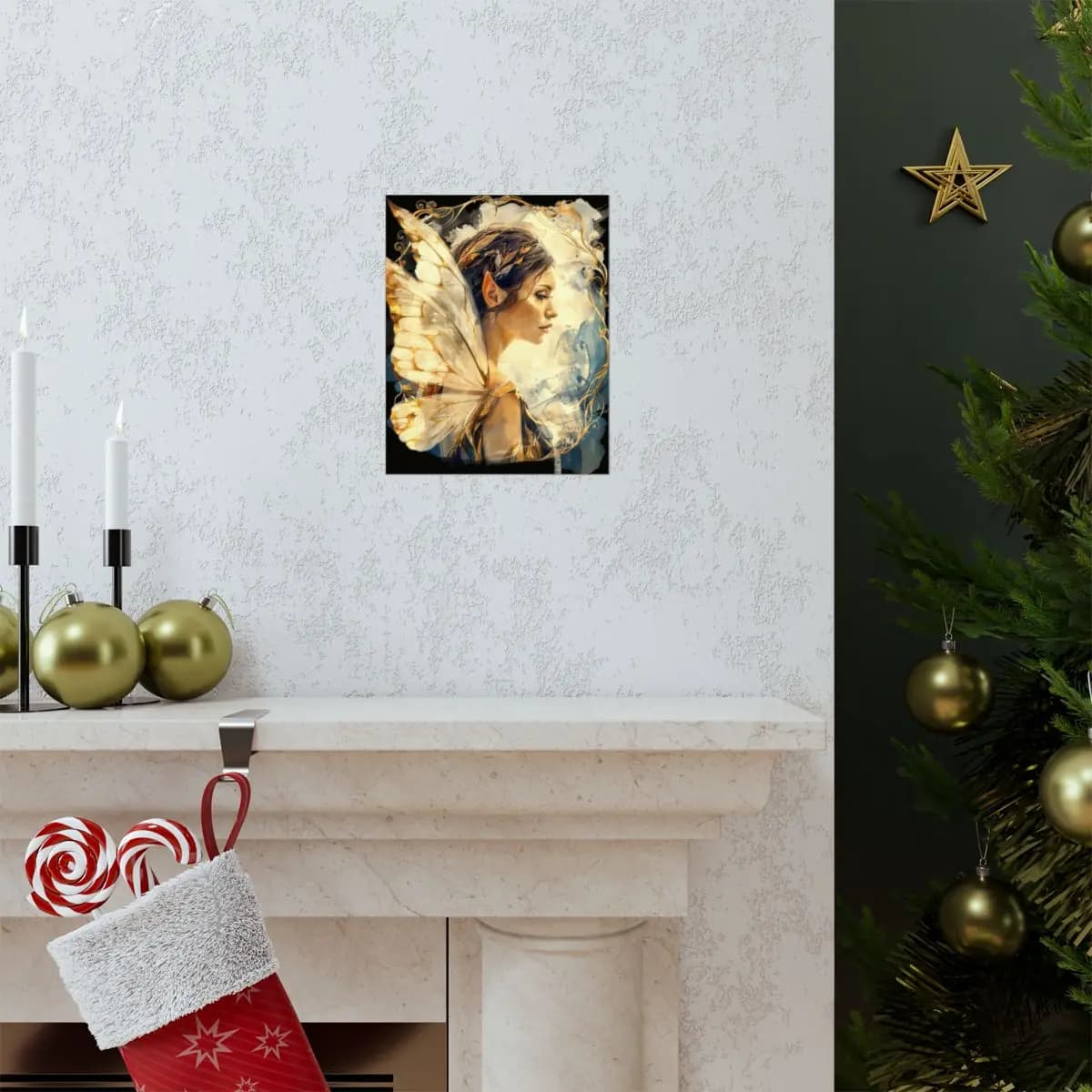 Golden-Winged Fairy in Pensive Profile - Matte Vertical Posters mockup angle 7