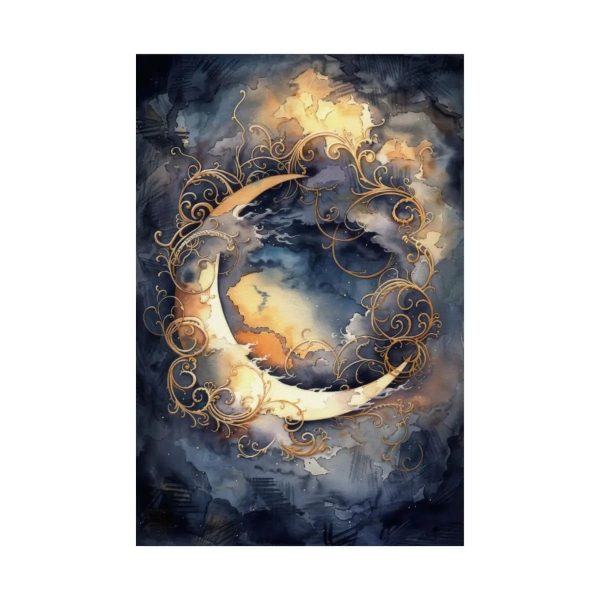 Golden Crescent Moon with Baroque Scrollwork - Matte Vertical Posters mockup angle 2