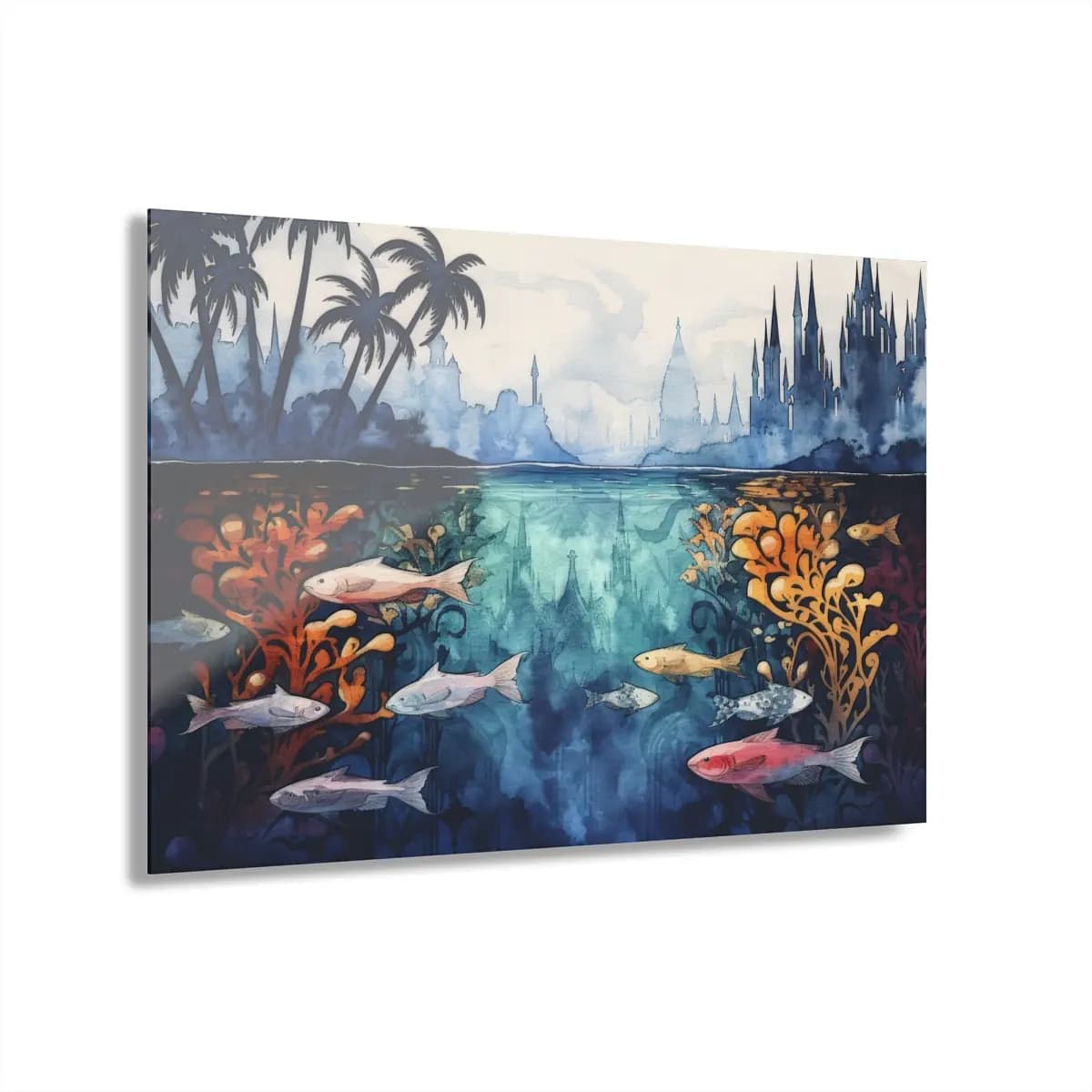 Submerged Kingdom Beneath Palms and Gothic Spires - Acrylic Prints (French Cleat Hanging) mockup angle 1