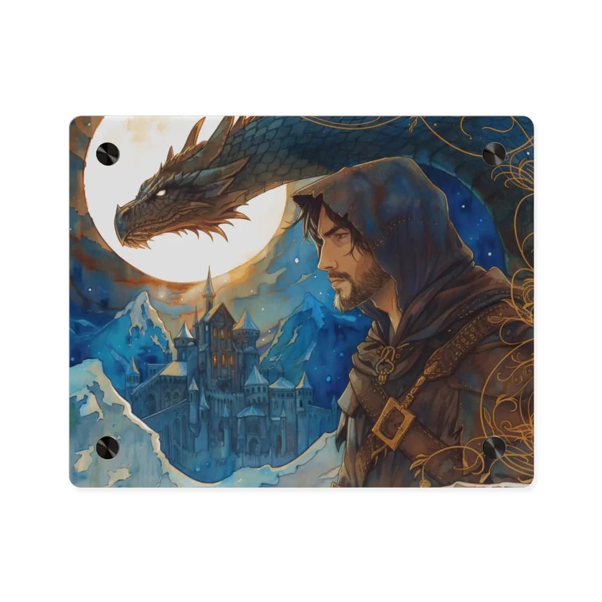 The Hooded Knight, Dragon, and the Frozen Citadel - Acrylic Wall Art Panels mockup angle 1