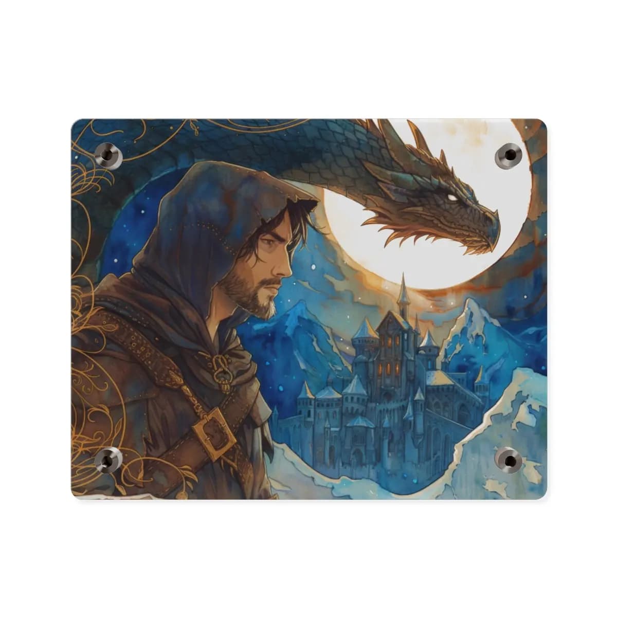 The Hooded Knight, Dragon, and the Frozen Citadel - Acrylic Wall Art Panels mockup angle 2