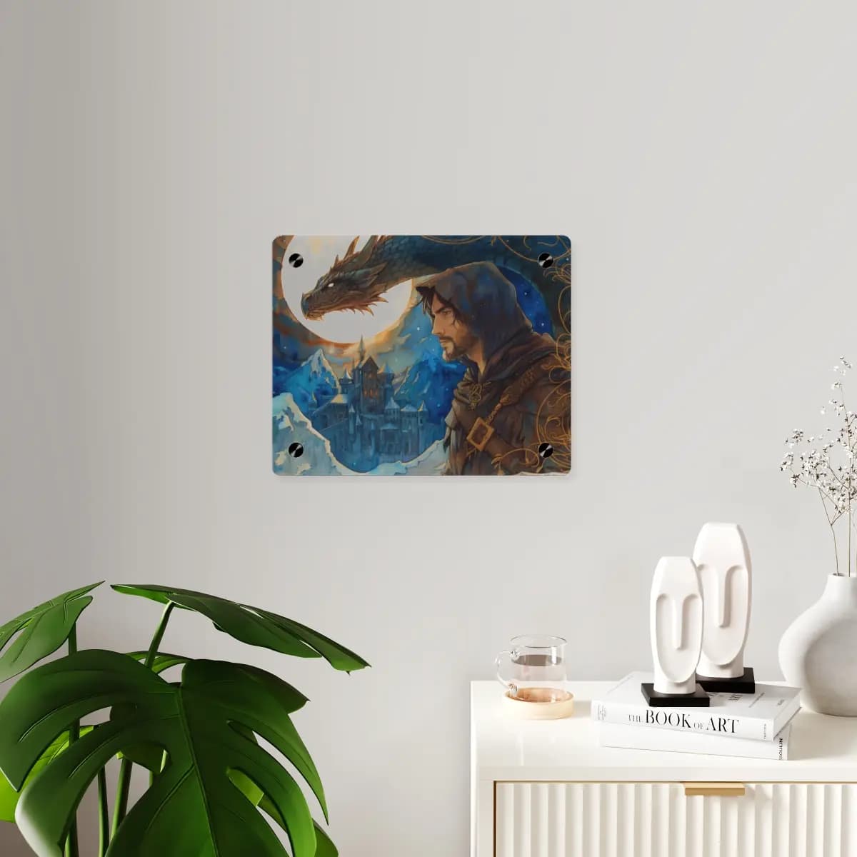 The Hooded Knight, Dragon, and the Frozen Citadel - Acrylic Wall Art Panels mockup angle 3
