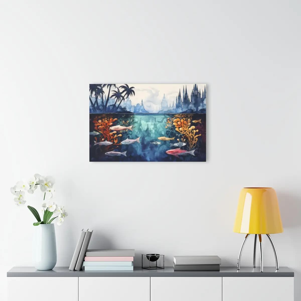 Submerged Kingdom Beneath Palms and Gothic Spires - Acrylic Prints (French Cleat Hanging) mockup angle 4