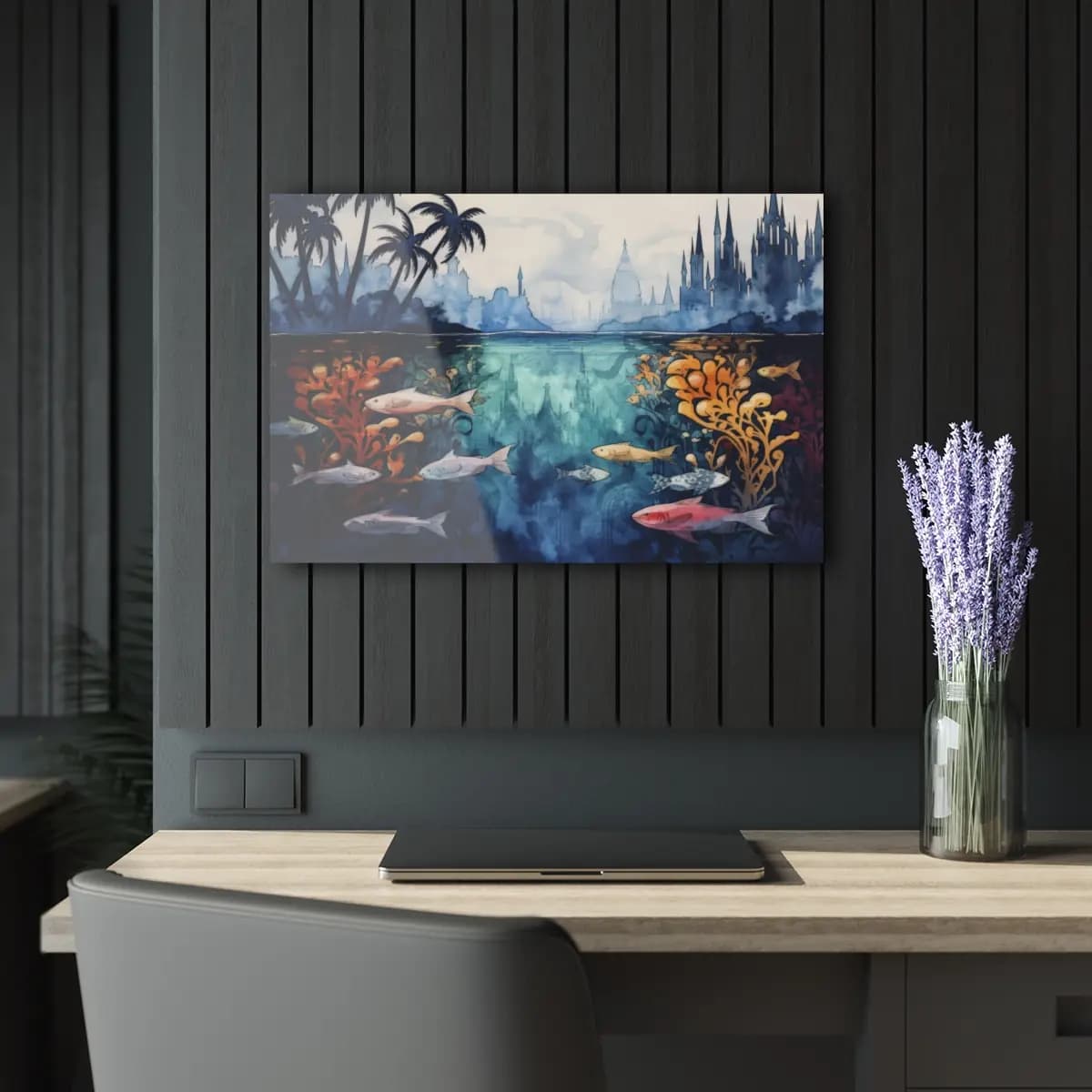 Submerged Kingdom Beneath Palms and Gothic Spires - Acrylic Prints (French Cleat Hanging) mockup angle 5