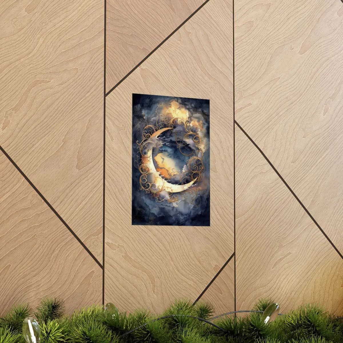 Golden Crescent Moon with Baroque Scrollwork - Matte Vertical Posters mockup angle 5