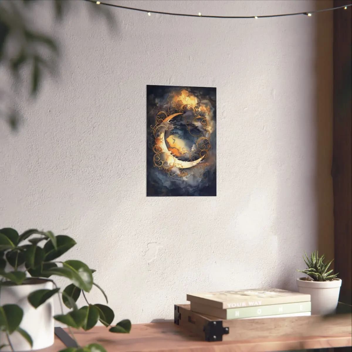 Golden Crescent Moon with Baroque Scrollwork - Matte Vertical Posters mockup angle 6