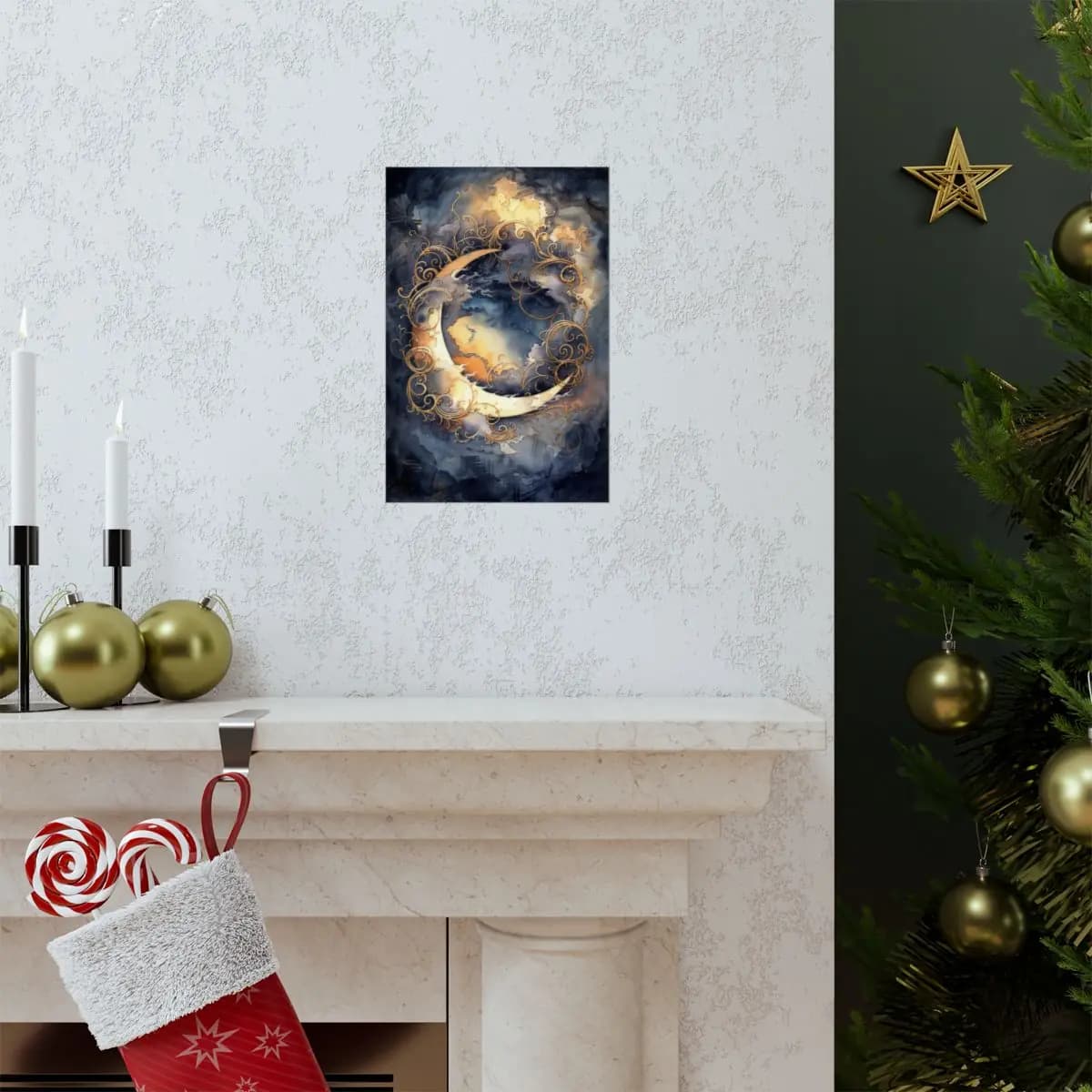 Golden Crescent Moon with Baroque Scrollwork - Matte Vertical Posters mockup angle 7