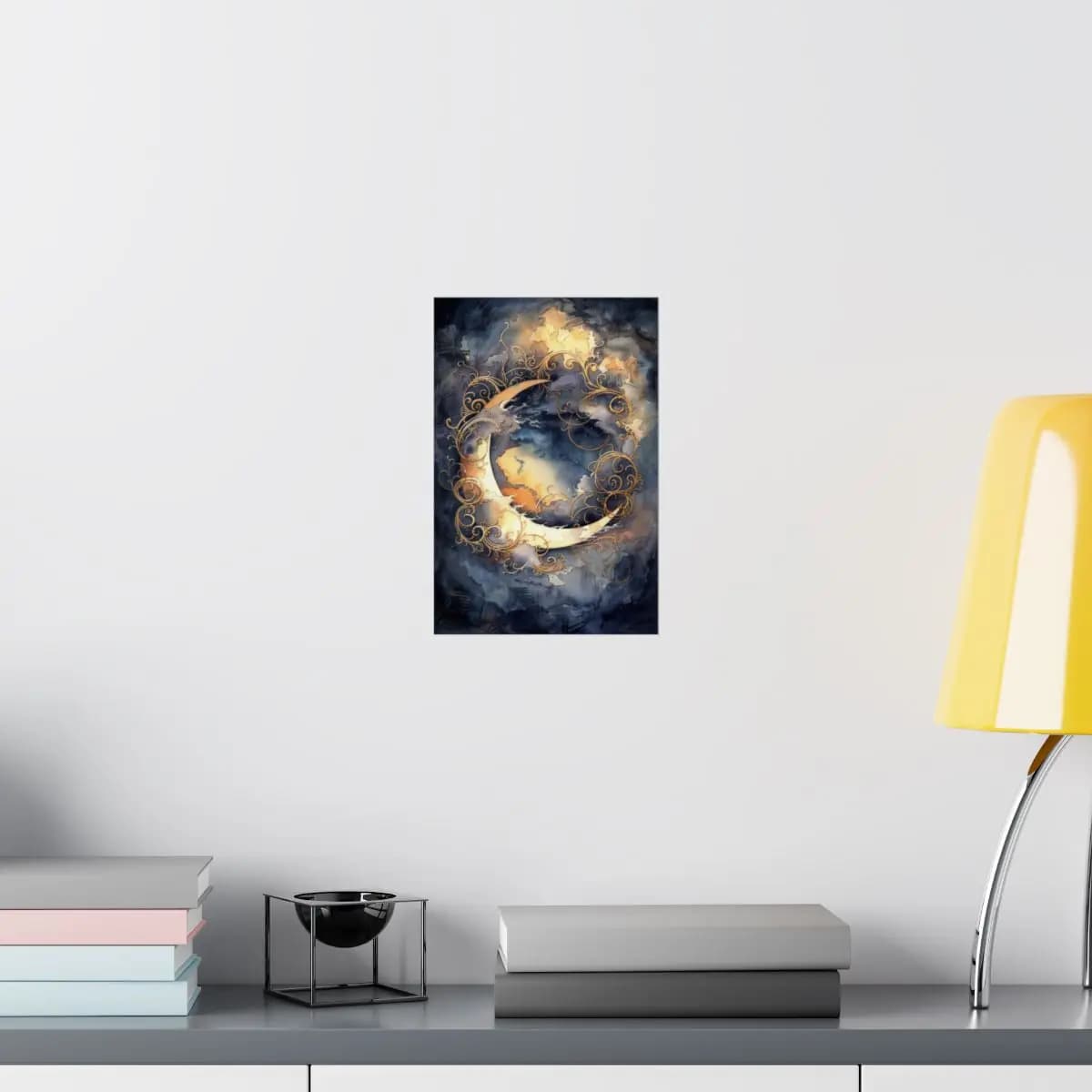 Golden Crescent Moon with Baroque Scrollwork - Matte Vertical Posters mockup angle 8
