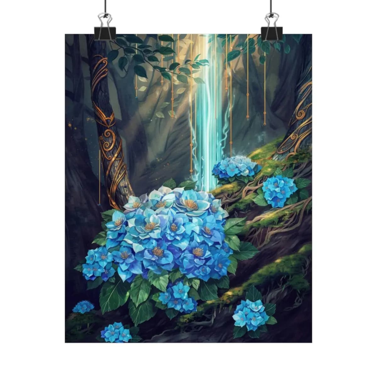 Blue Hydrangeas in an Enchanted Forest - Matte Vertical Posters mockup angle 1
