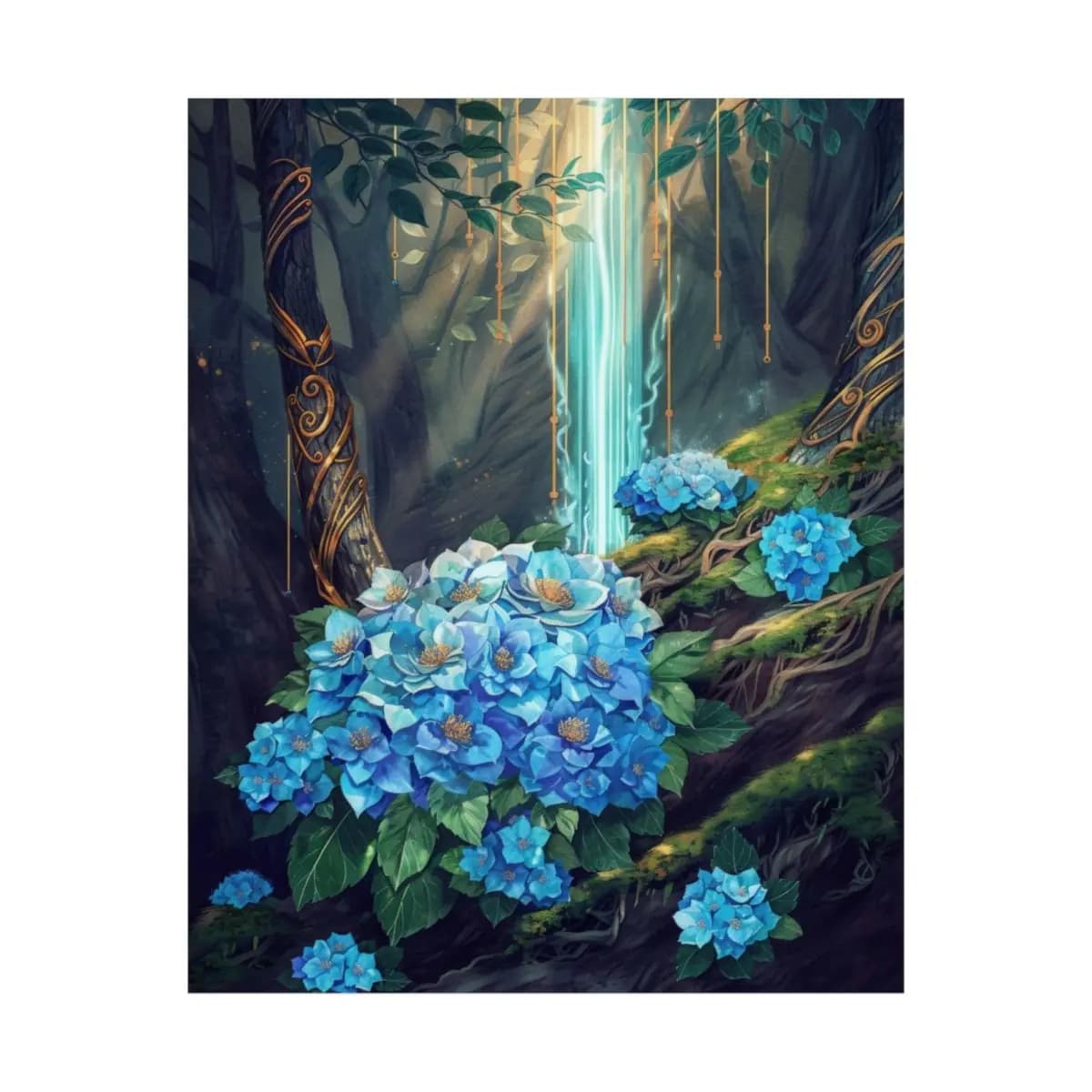 Blue Hydrangeas in an Enchanted Forest - Matte Vertical Posters mockup angle 2