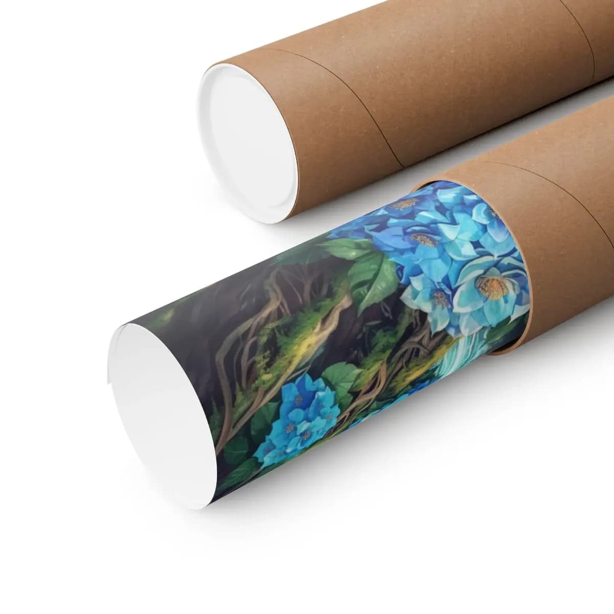 Blue Hydrangeas in an Enchanted Forest - Matte Vertical Posters mockup angle 3
