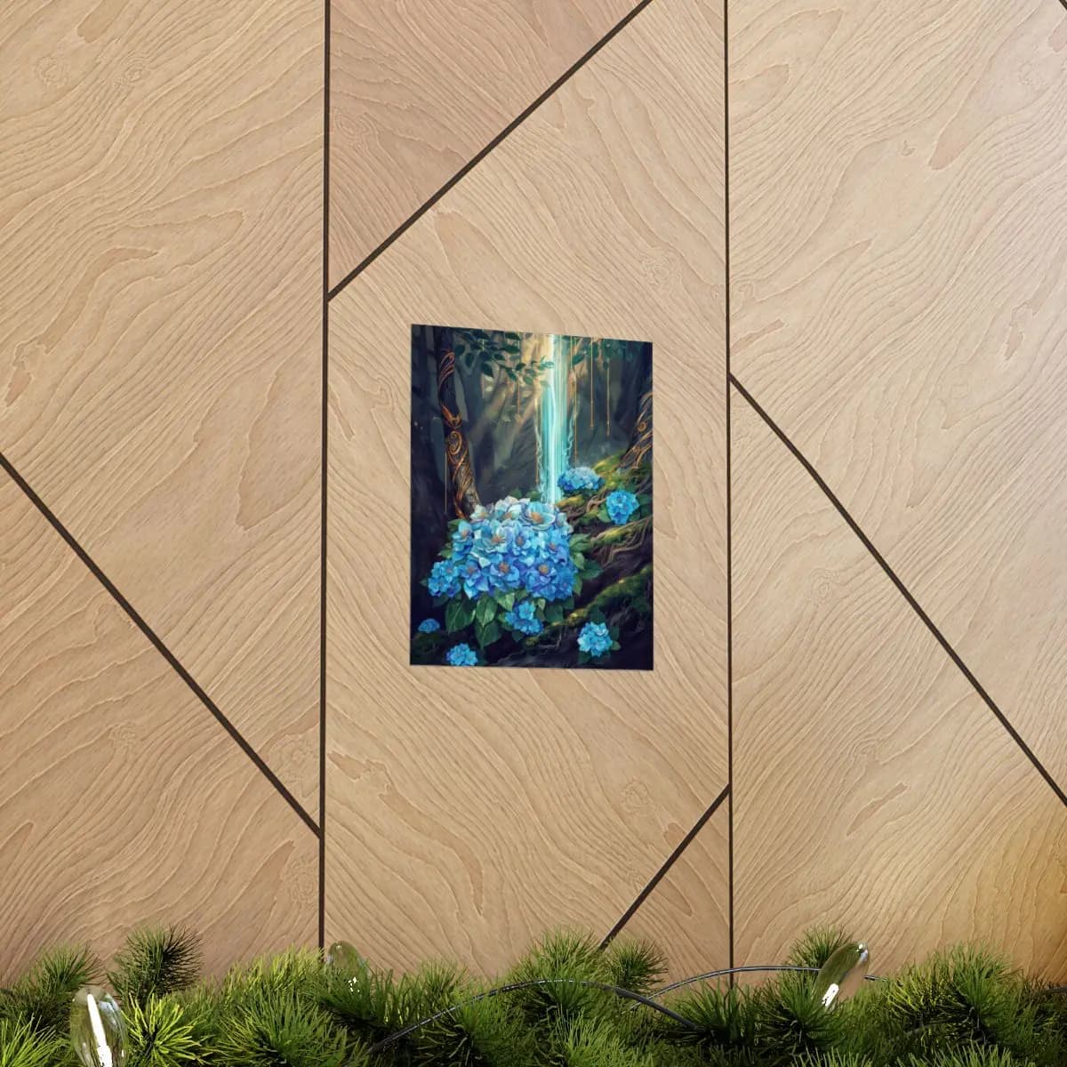 Blue Hydrangeas in an Enchanted Forest - Matte Vertical Posters mockup angle 5