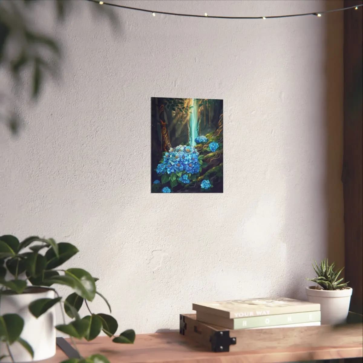 Blue Hydrangeas in an Enchanted Forest - Matte Vertical Posters mockup angle 6