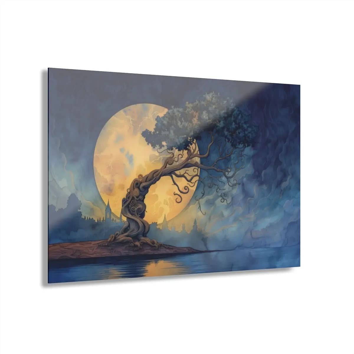 The Twisted Tree Beneath a Golden Moon - Acrylic Prints (French Cleat Hanging) mockup angle 1