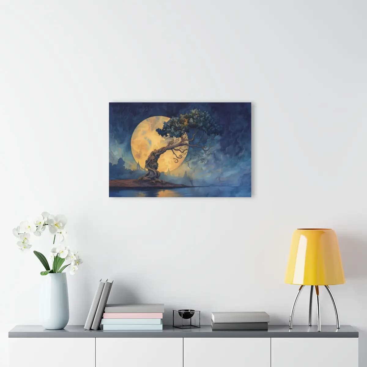 The Twisted Tree Beneath a Golden Moon - Acrylic Prints (French Cleat Hanging) mockup angle 4