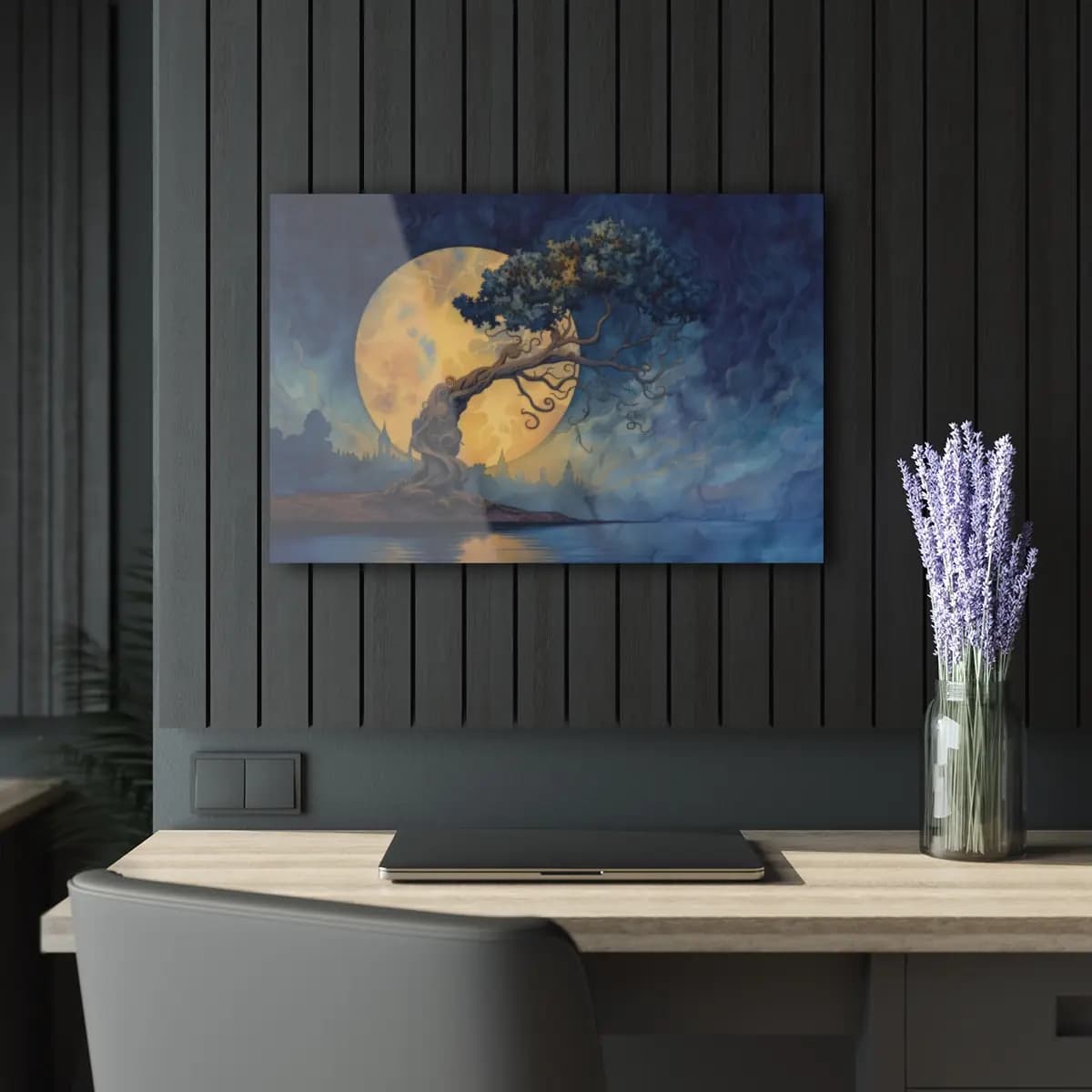 The Twisted Tree Beneath a Golden Moon - Acrylic Prints (French Cleat Hanging) mockup angle 5