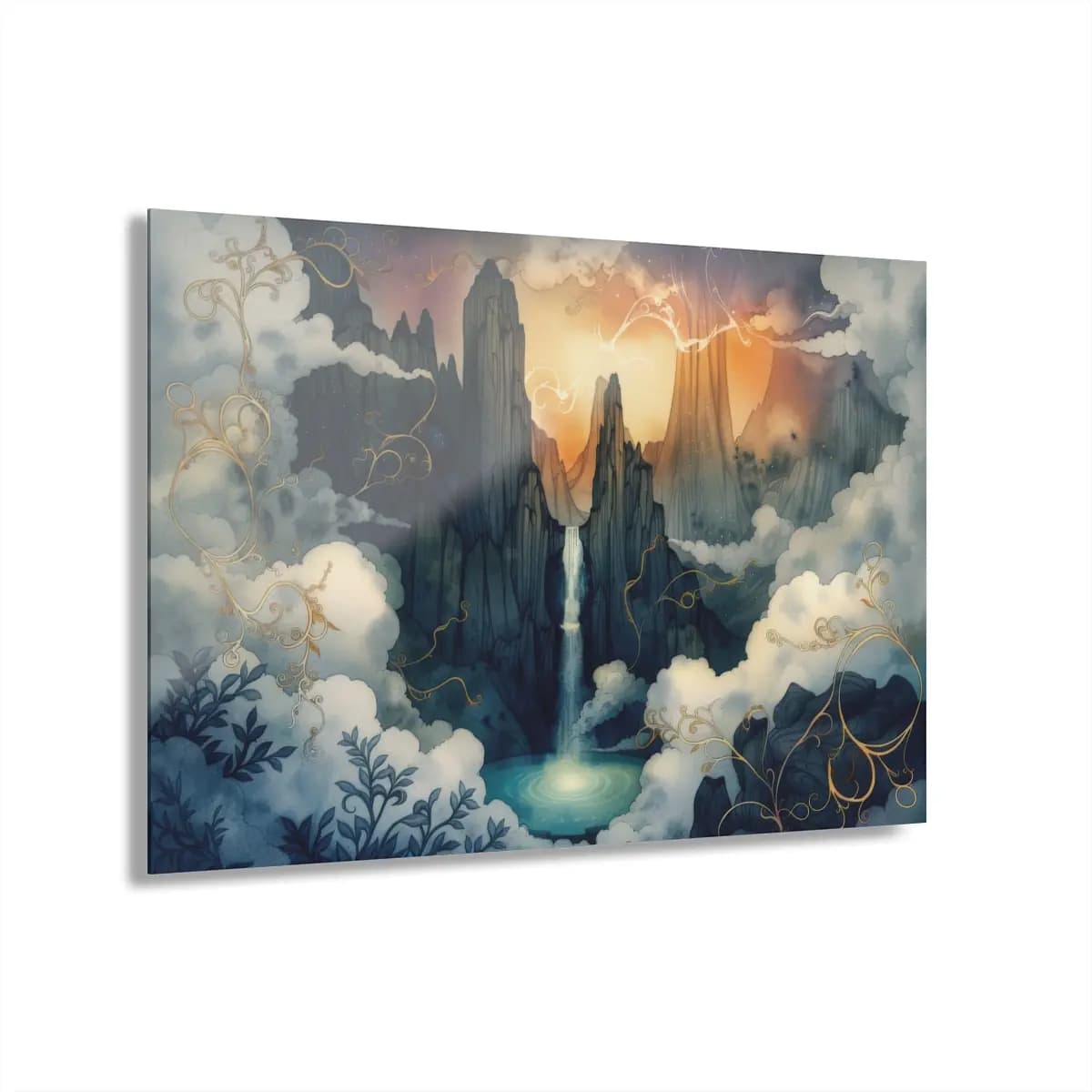 Celestial Waterfall Among Enchanted Peaks - Acrylic Prints (French Cleat Hanging) mockup angle 1