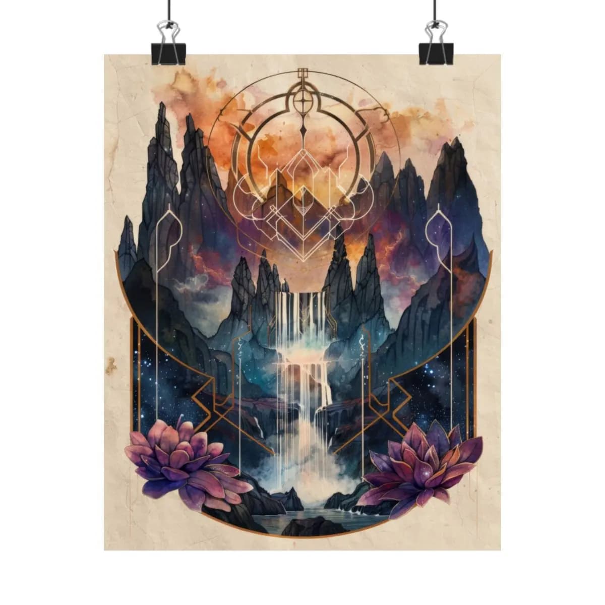 Celestial Waterfall Among Stone Peaks and Lotus - Matte Vertical Posters mockup angle 1