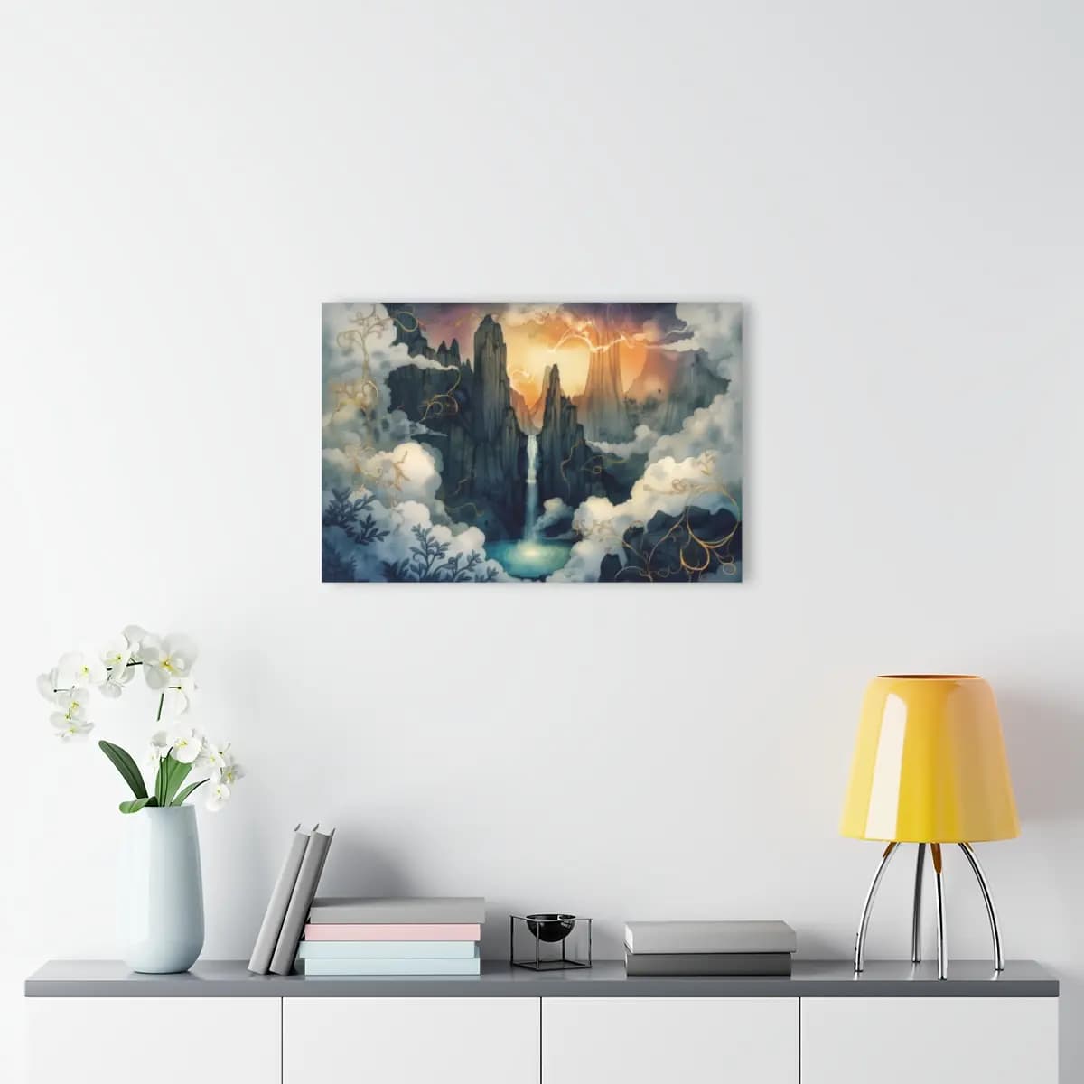 Celestial Waterfall Among Enchanted Peaks - Acrylic Prints (French Cleat Hanging) mockup angle 4