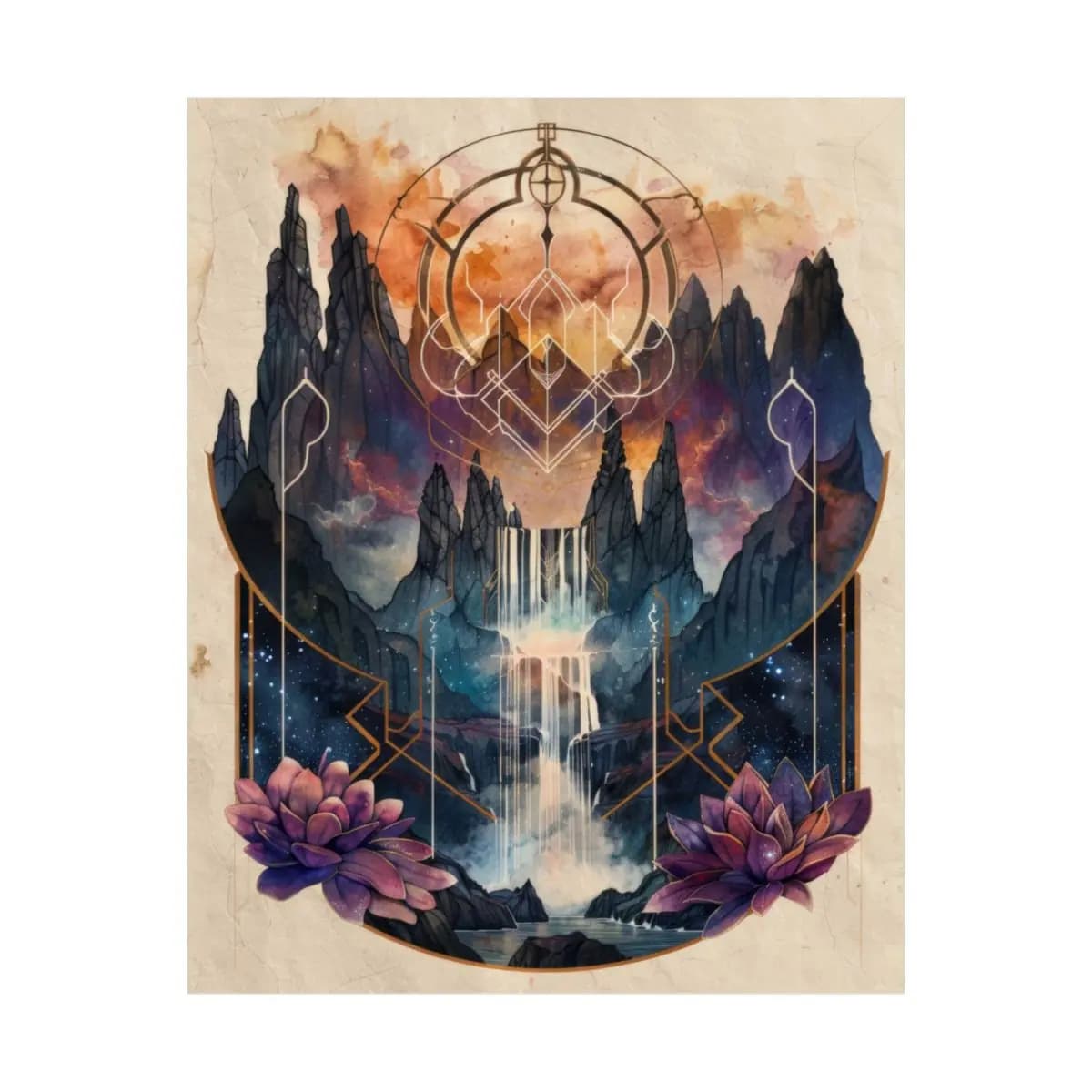 Celestial Waterfall Among Stone Peaks and Lotus - Matte Vertical Posters mockup angle 2