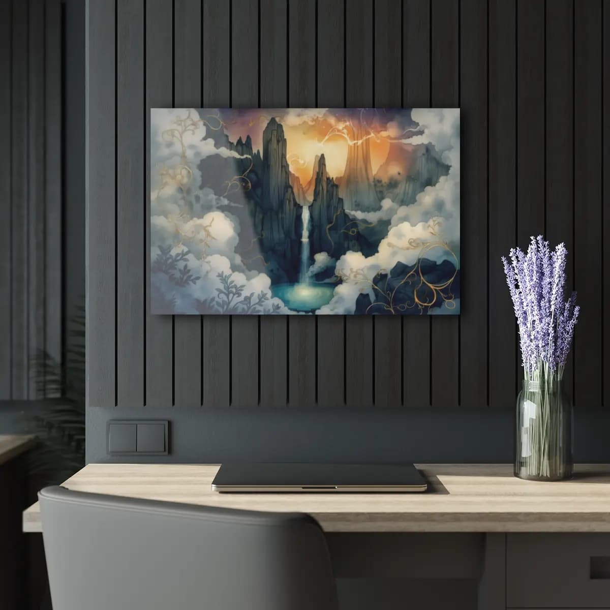 Celestial Waterfall Among Enchanted Peaks - Acrylic Prints (French Cleat Hanging) mockup angle 5