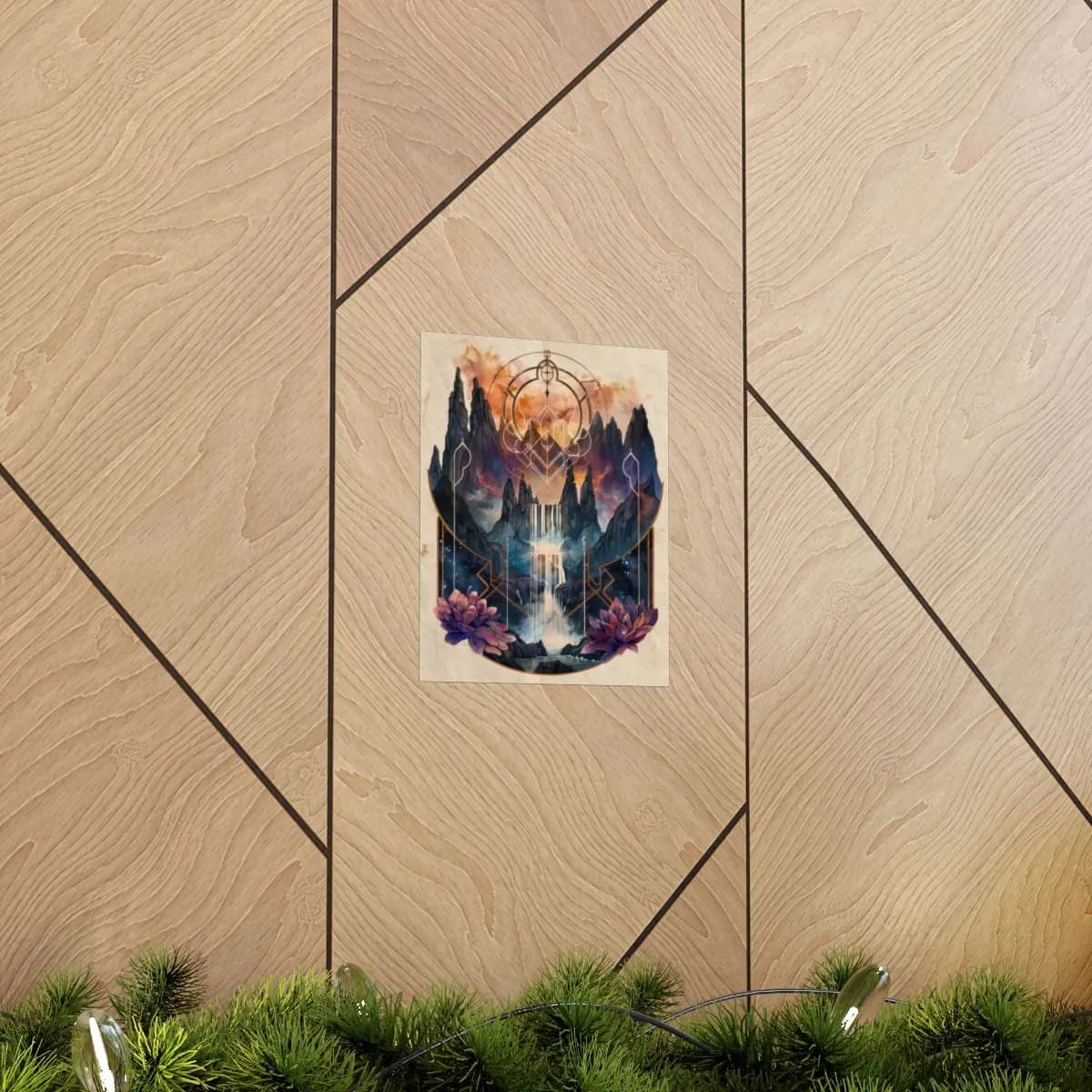 Celestial Waterfall Among Stone Peaks and Lotus - Matte Vertical Posters mockup angle 5