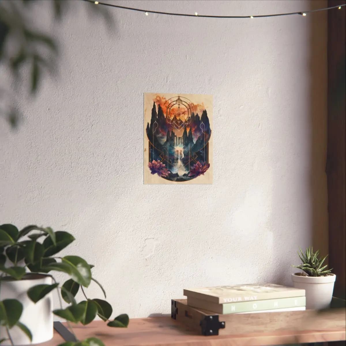 Celestial Waterfall Among Stone Peaks and Lotus - Matte Vertical Posters mockup angle 6